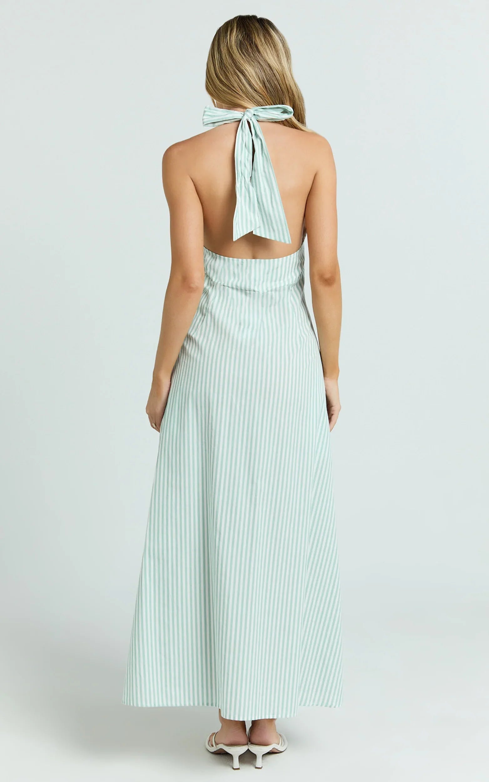 Jeienn Midi Dress - Ruched Shoulder Bodice A Line Placket Front Skirt Dress in Mint Stripe