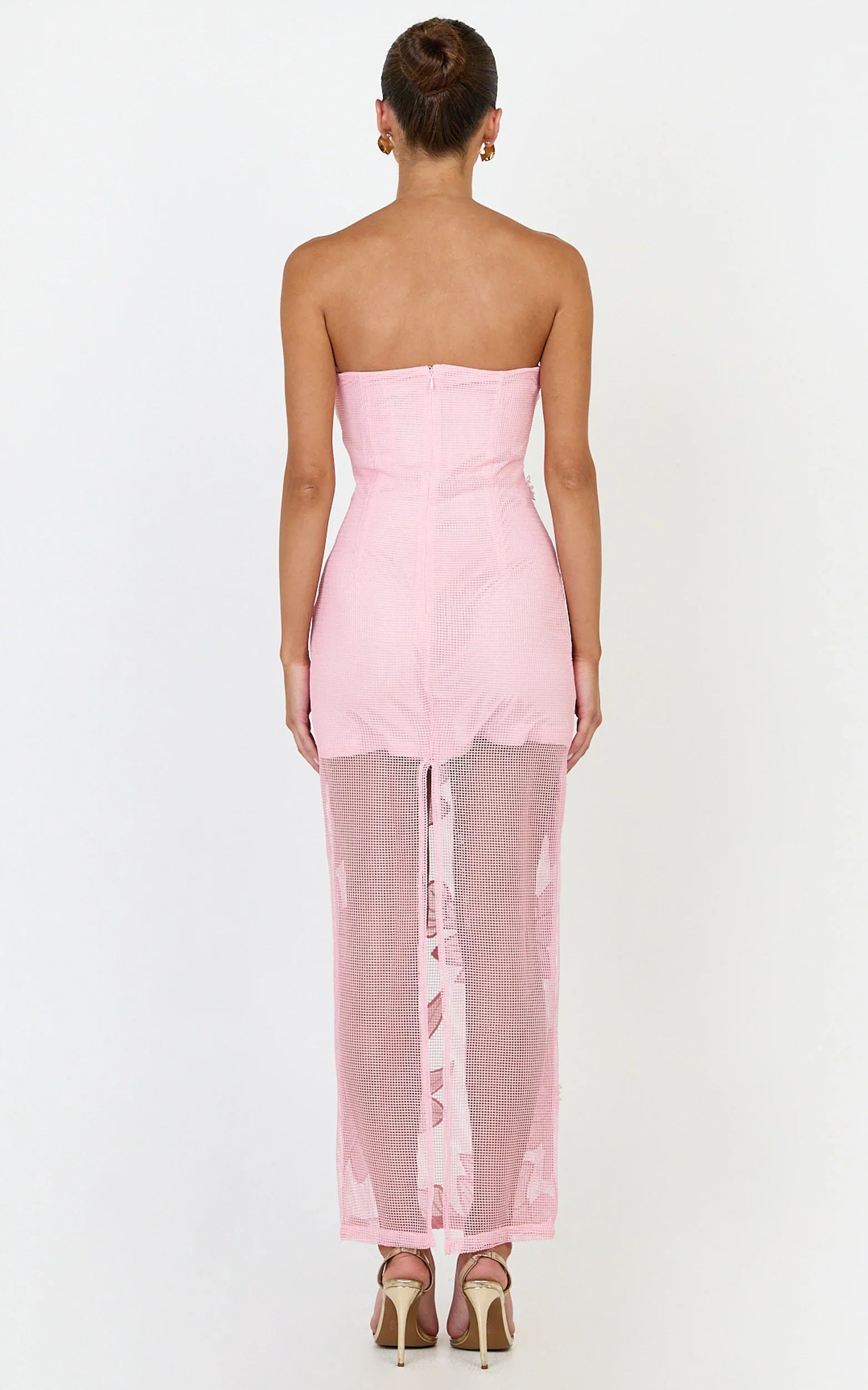 Sienna Midi Dress - Strapless Floral Embroidered Bodycon Dress in Pink