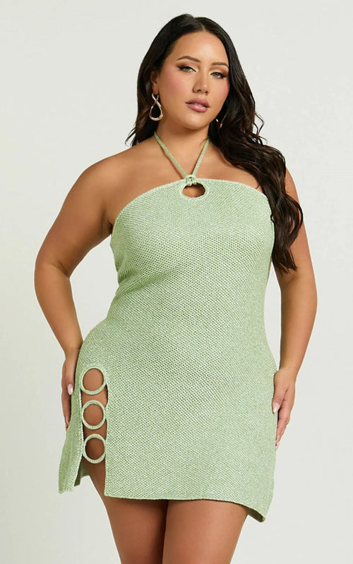 Amalie The Label - Merida Halter Knit Side Split Mini Dress - In Green