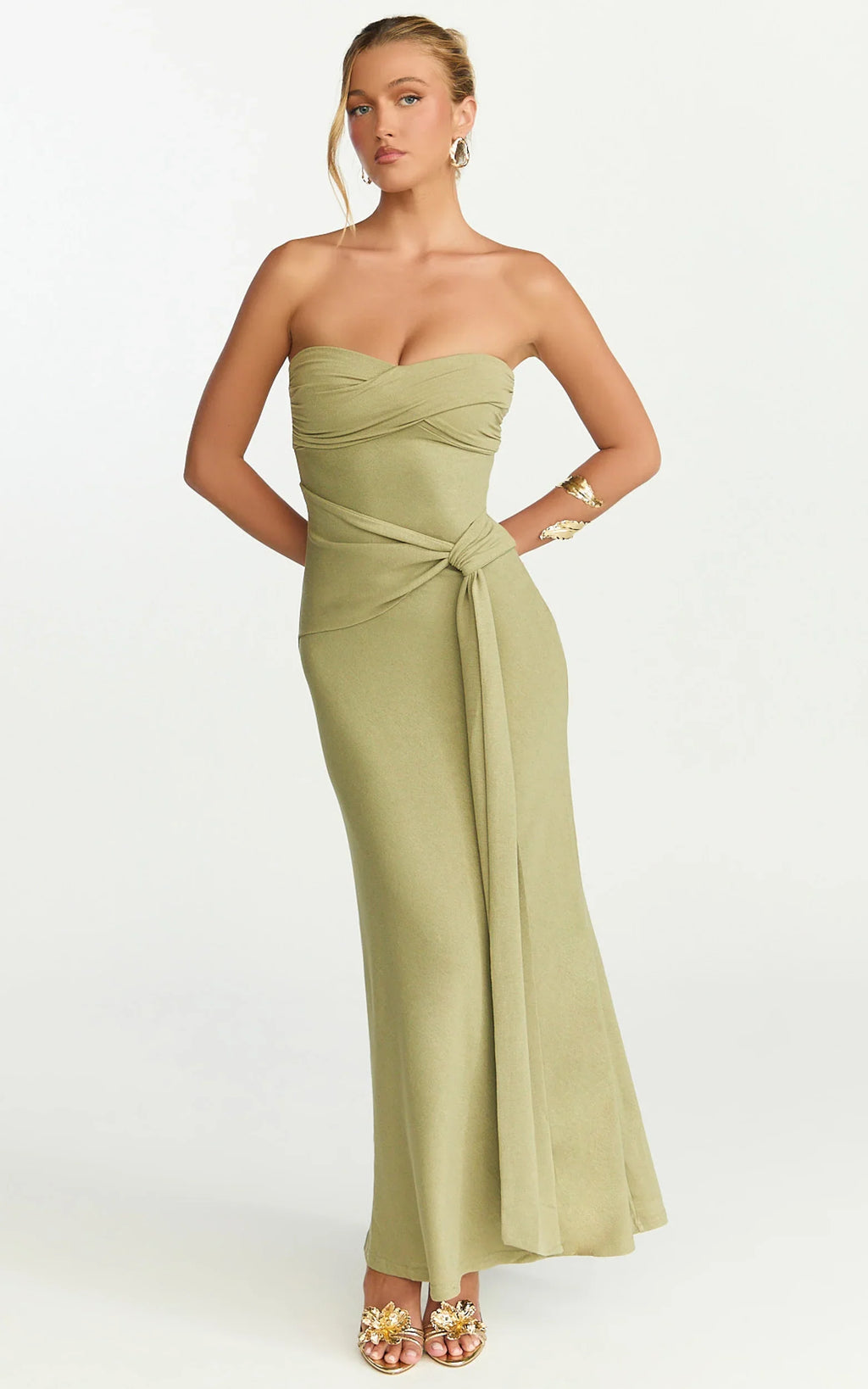 Aria Midi Dress - Strapless Tie Waist Dress in Sage