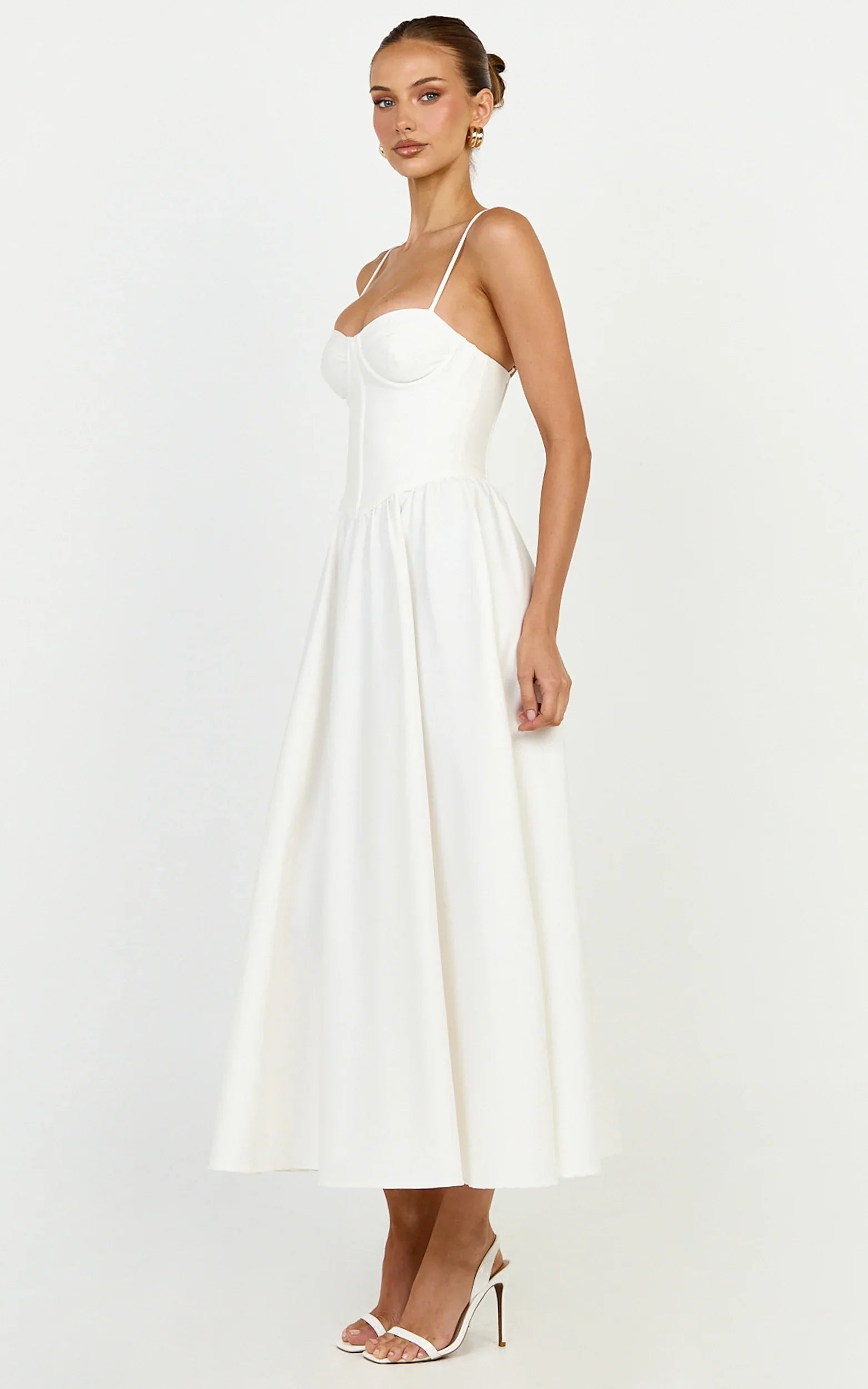 Seren Midi Dress - Corset Bodice Fit And Flare Dress in White