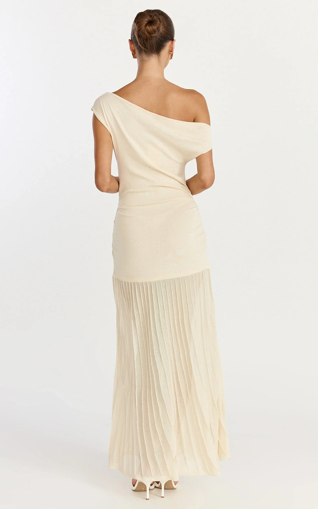 Roxy Maxi Dress - One Shoulder Pleated Skirt Knitted Dress in Cream