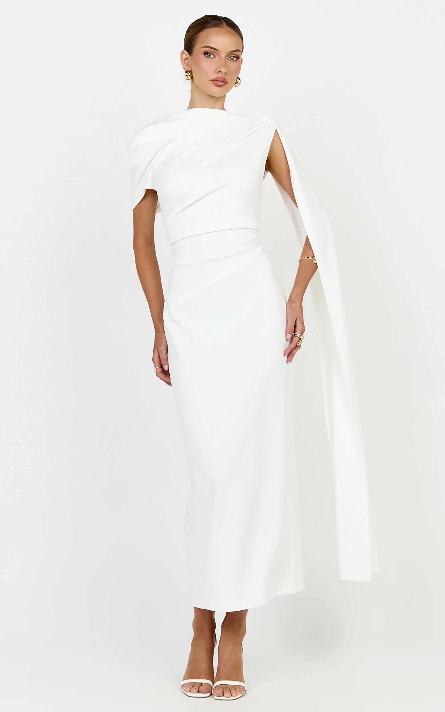 Visenta Midi Dress - Asymmetrical Sleeve Dress in White