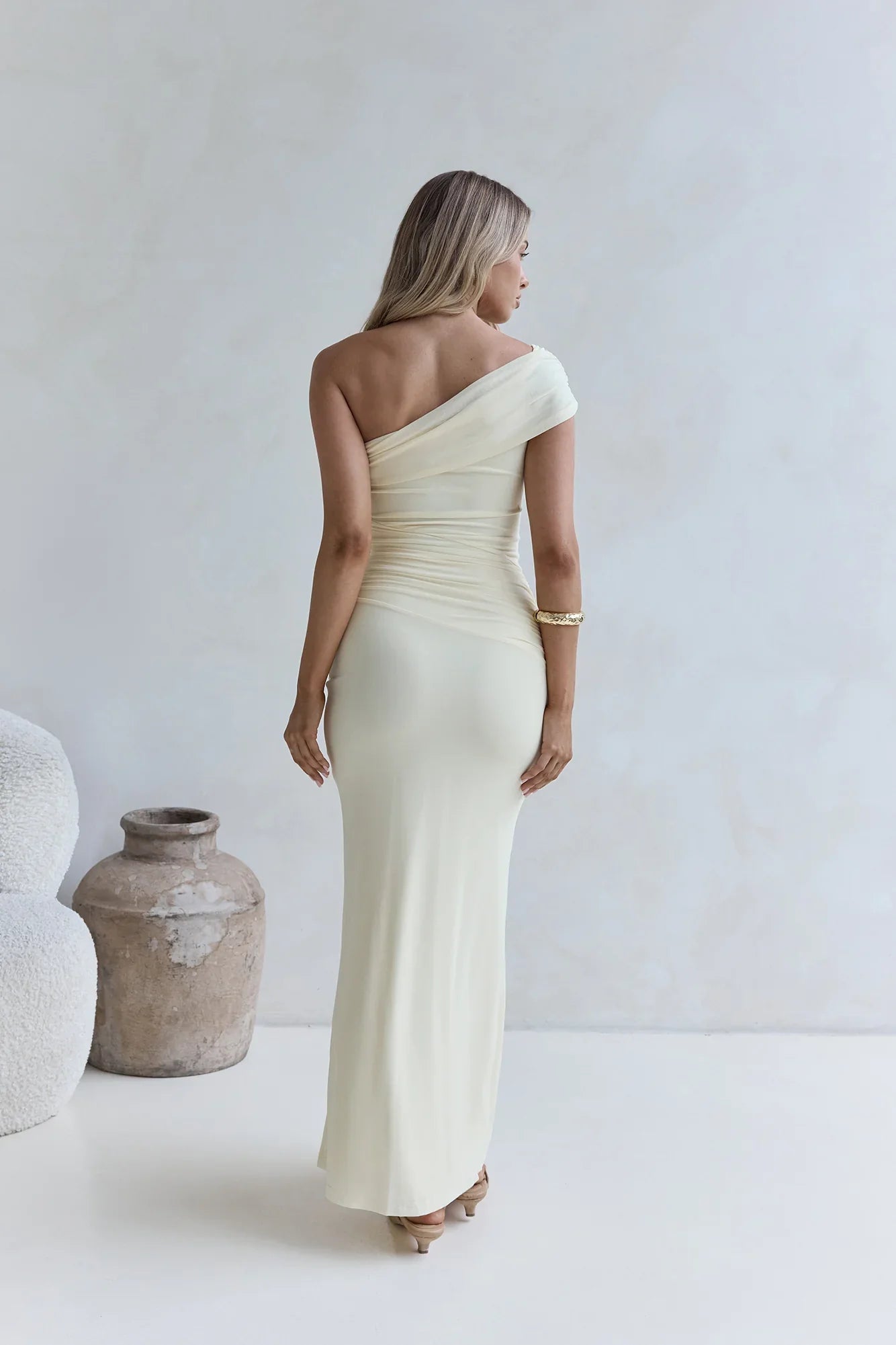 Kiss The Moon One Shoulder Mesh Maxi Dress Lemon