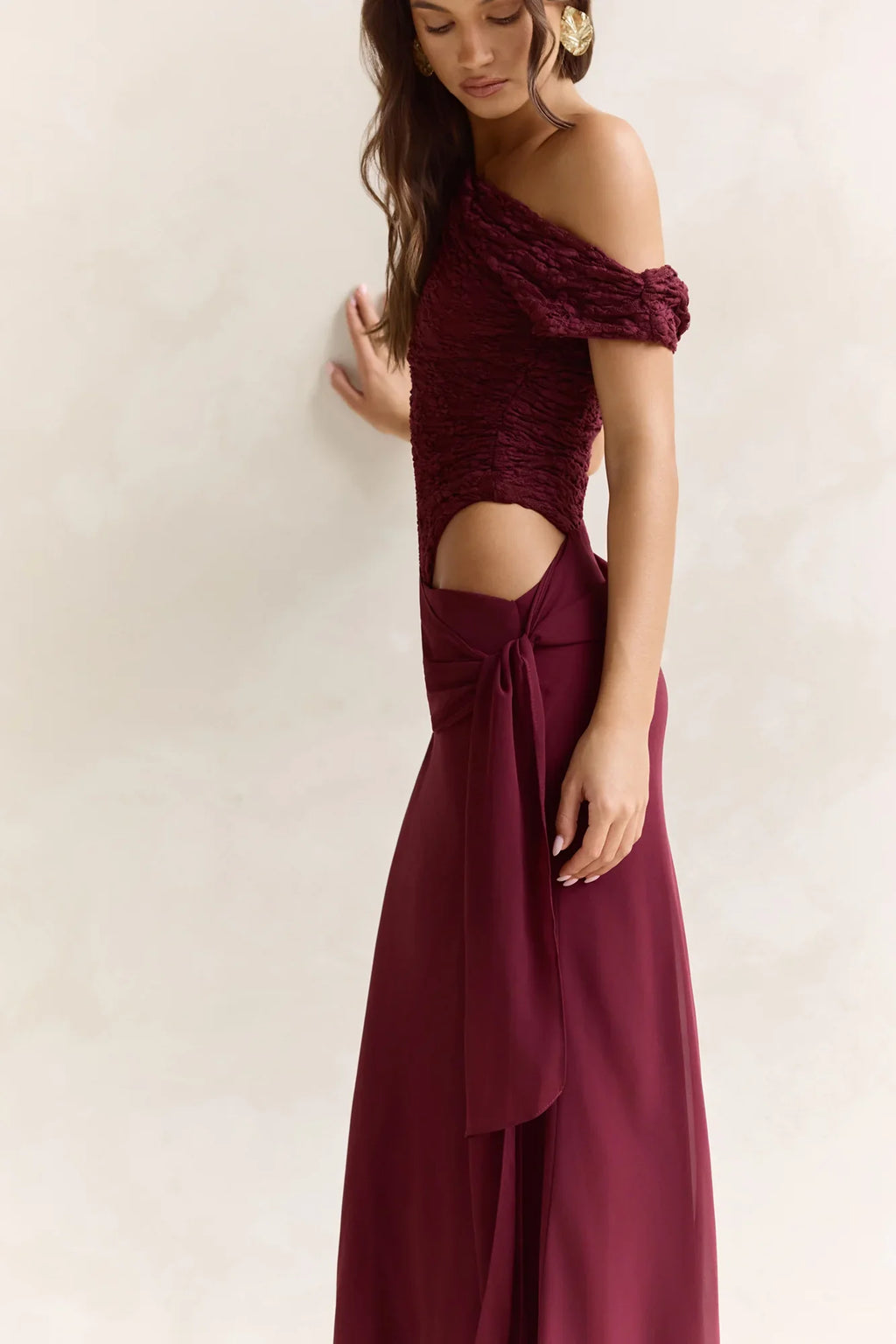 Modernity Mesh Off Shoulder Maxi Dress Burgundy