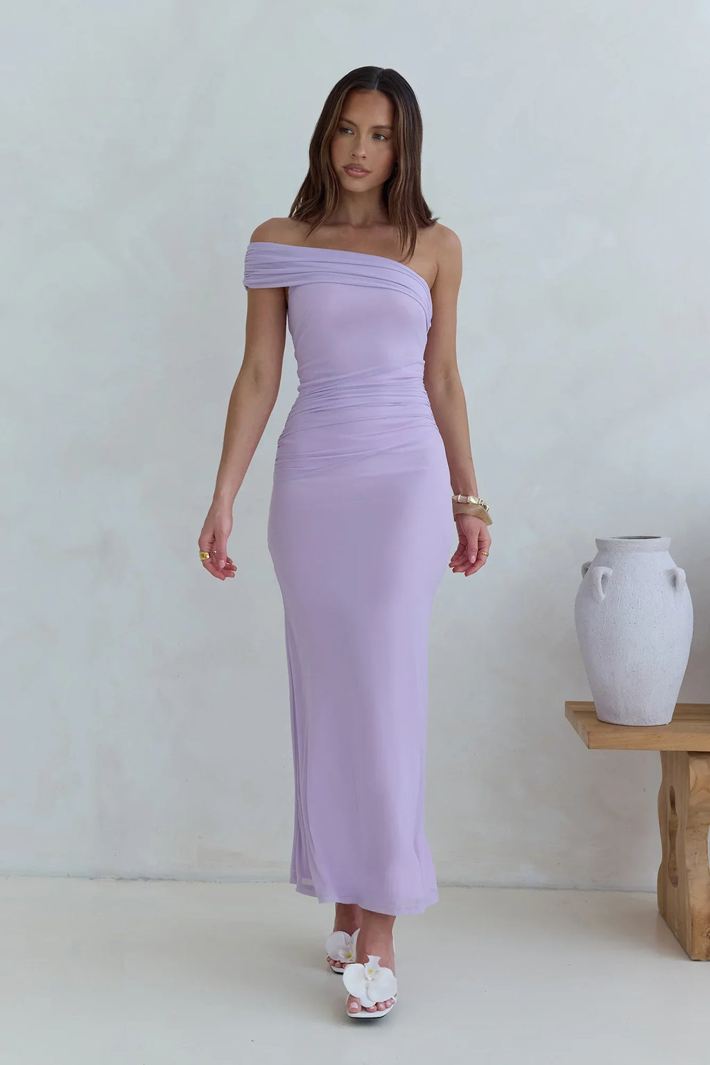 Dahlia One Shoulder Mesh Maxi Dress Lilac