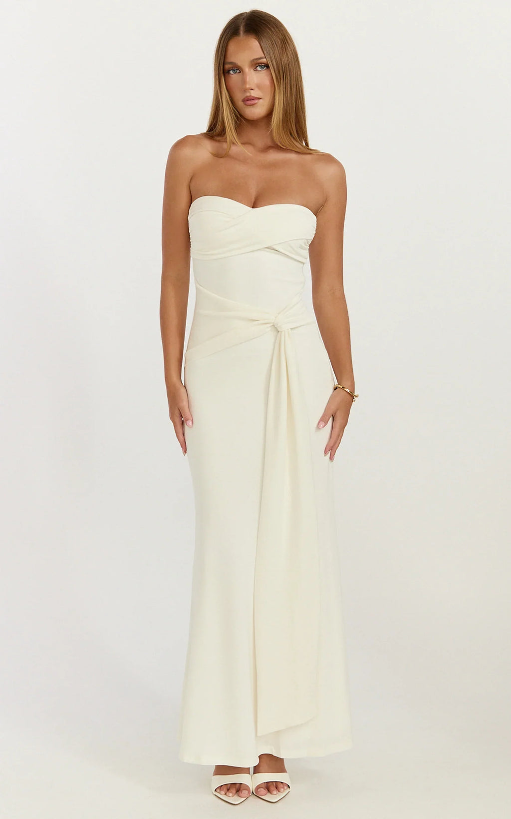 Aria Midi Dress - Strapless Tie Waist Dress in Off White