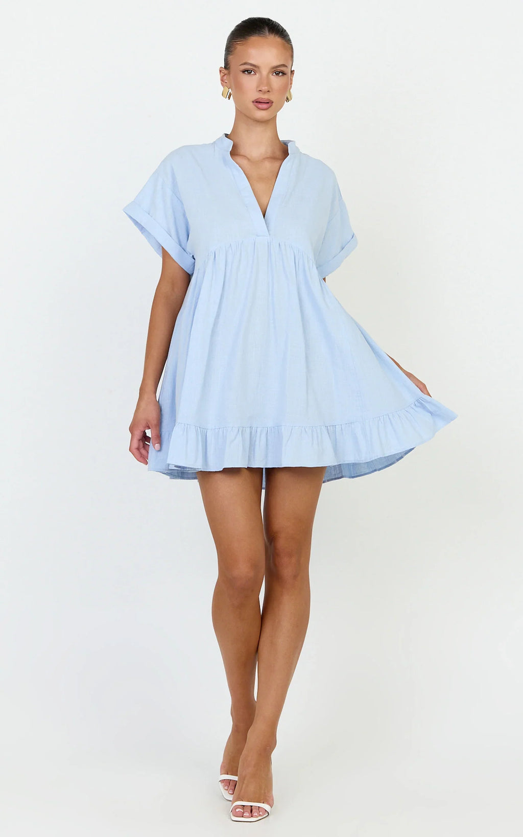 Calissa Mini Dress - Frill Hem Smock Dress in Light Blue