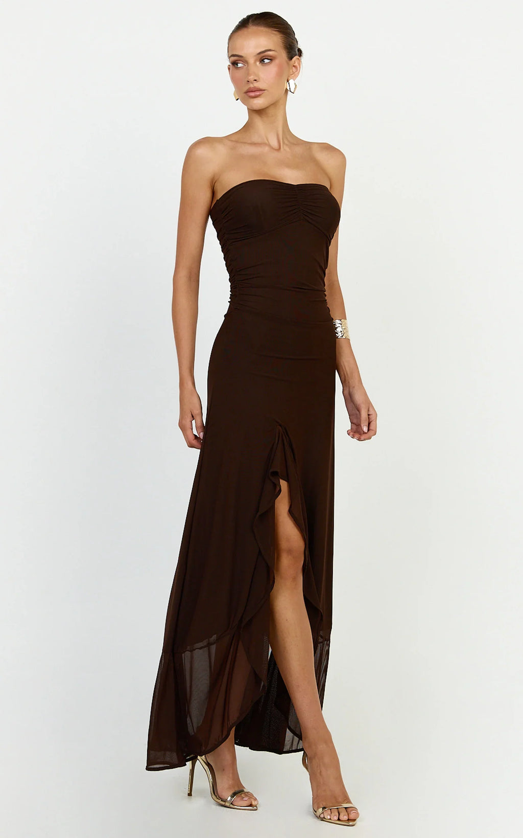 Oceana Maxi Dress - Strapless Sweetheart Neckline Mesh Dress in Chocolate