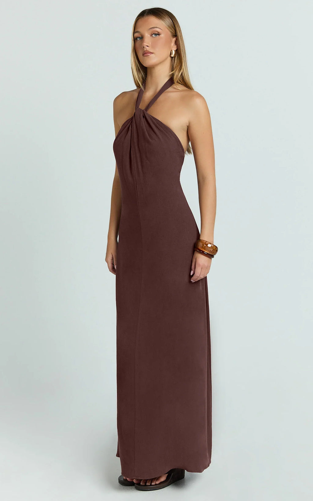 Hilda Maxi Dress - Knot Detail Halter Neck Maxi Dress in Chocolate