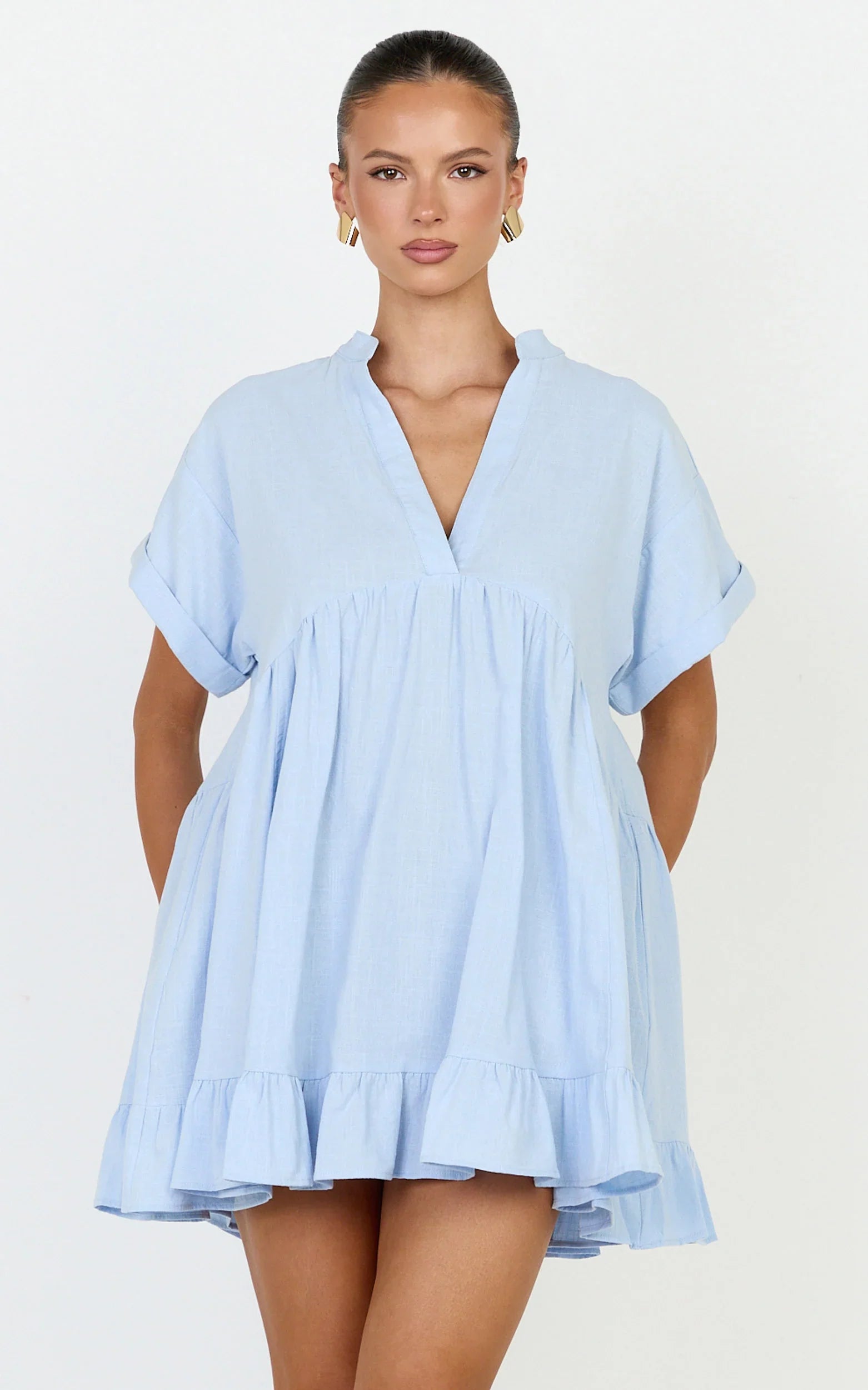 Calissa Mini Dress - Frill Hem Smock Dress in Light Blue