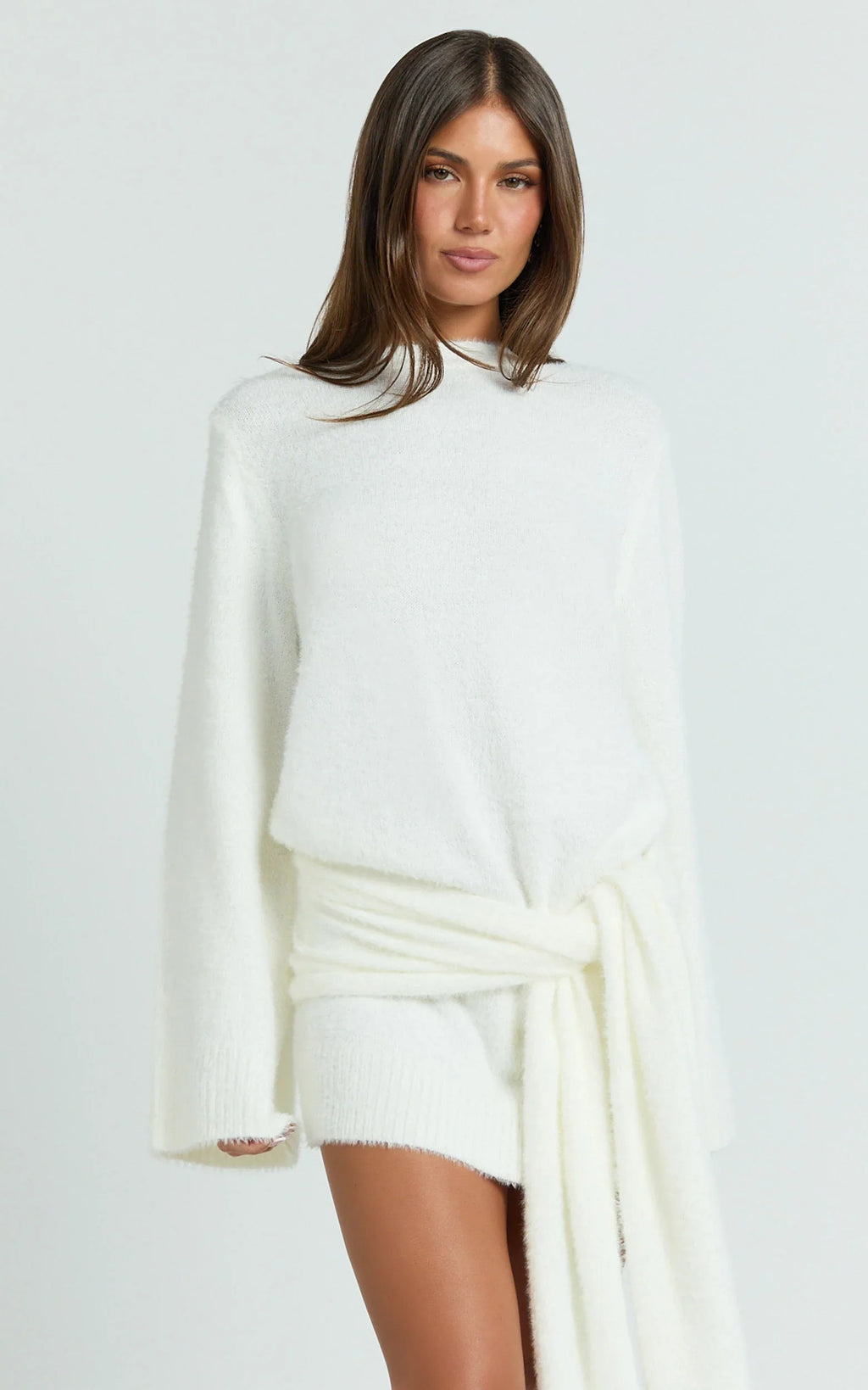 Tisdale Mini Dress - Wrap Skirt Fluffy Knit Jumper Dress in Cream