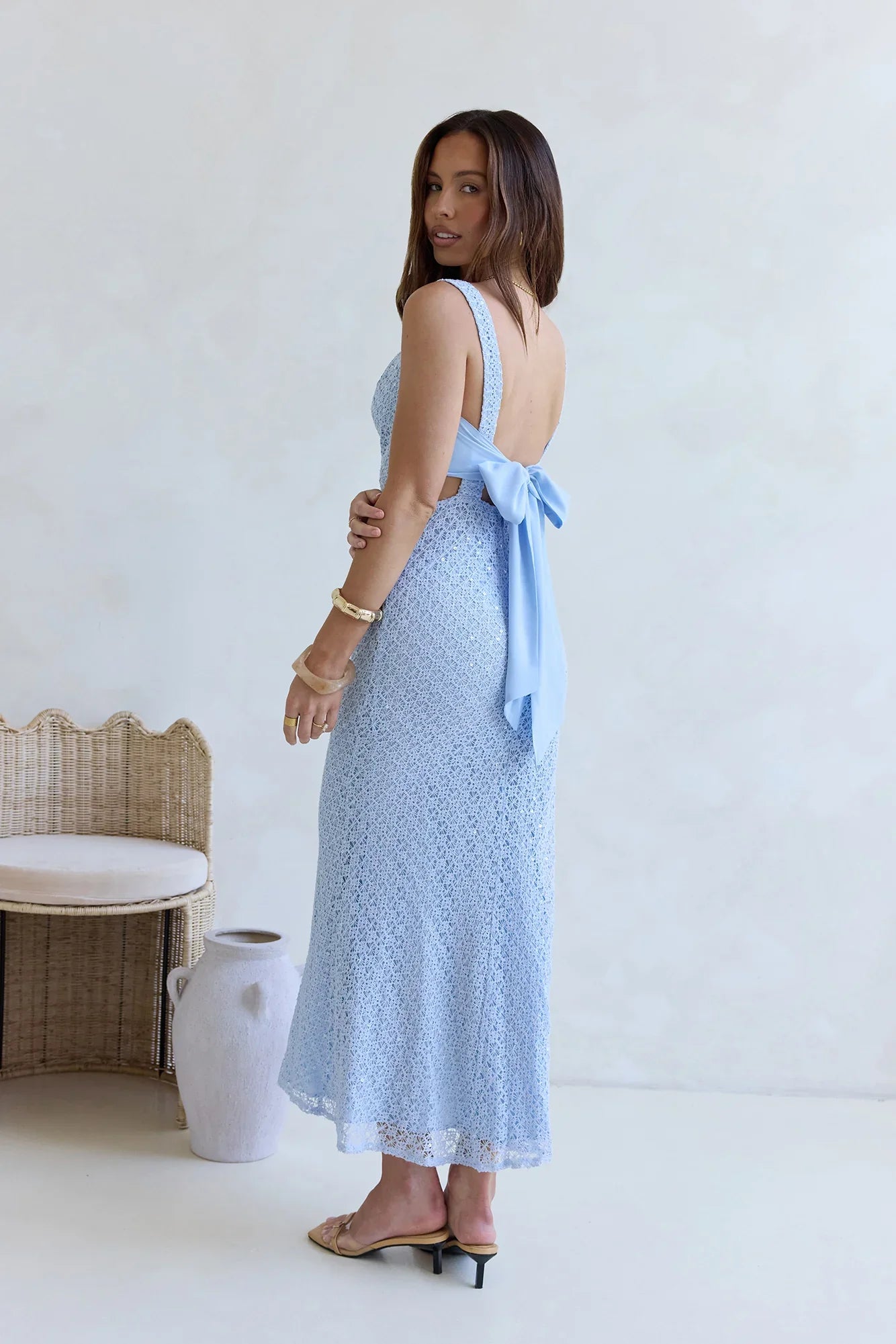 Moon And Stars Crochet Sequin Maxi Dress Blue