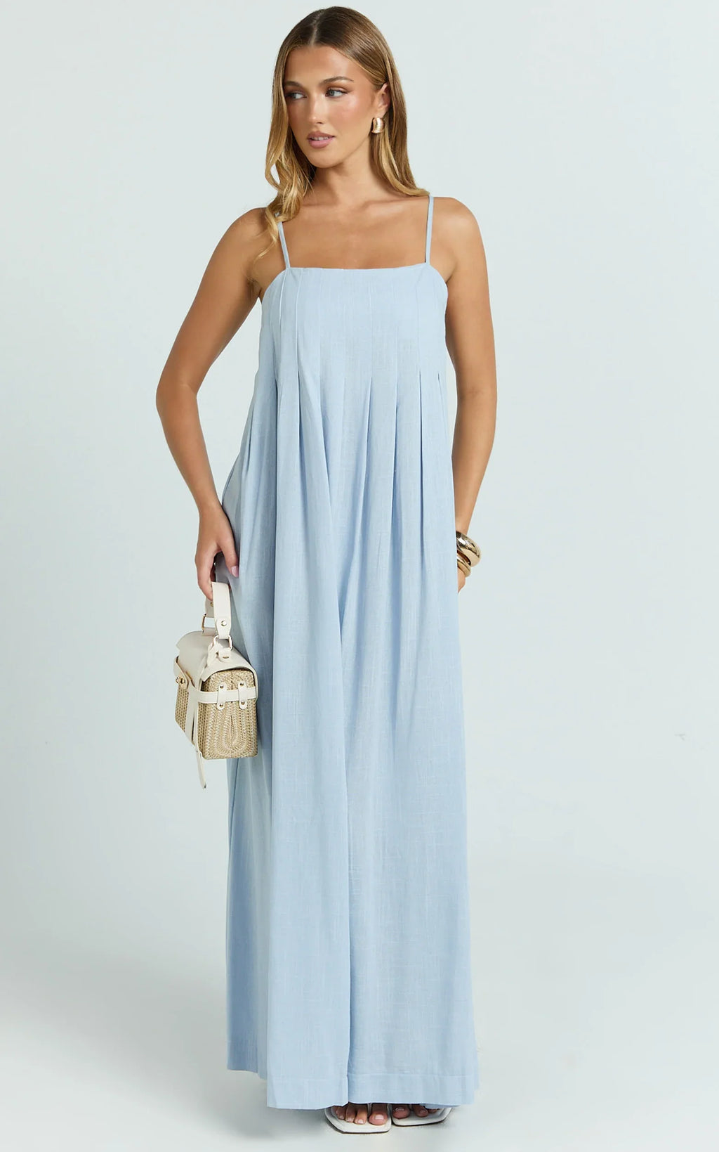 Cloe Maxi Dress - Pleated Detail Dress in Blue