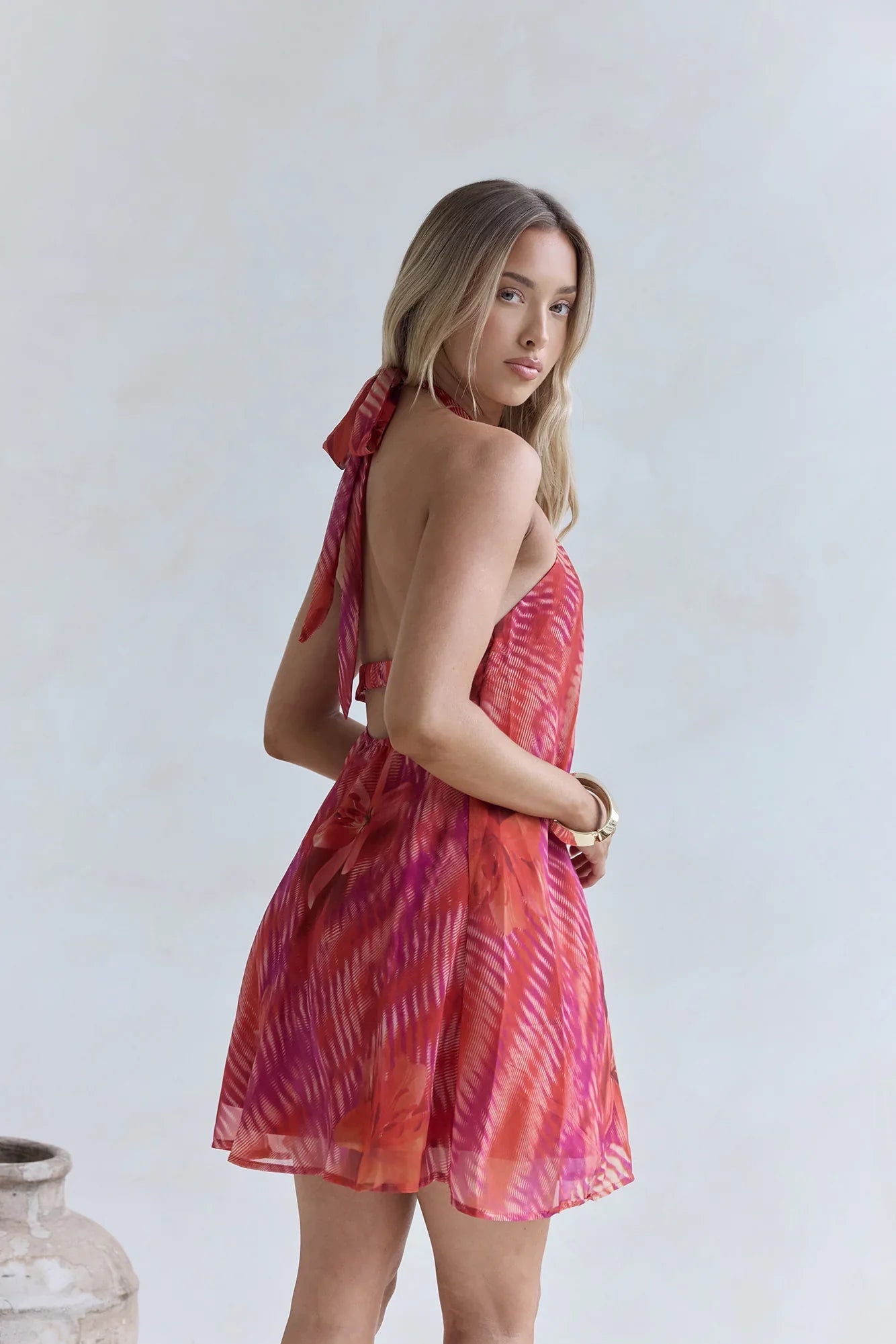 Sundown Palms Halter Mini Dress Orange
