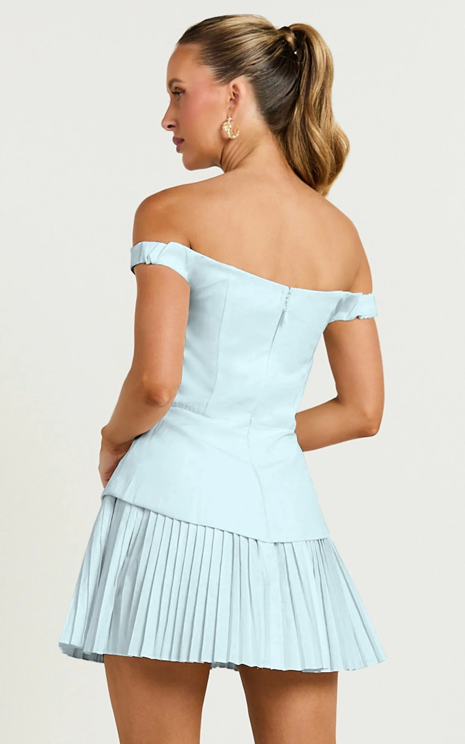 Izara Mini Dress - Off Shoulder Pleated Dress in Blue