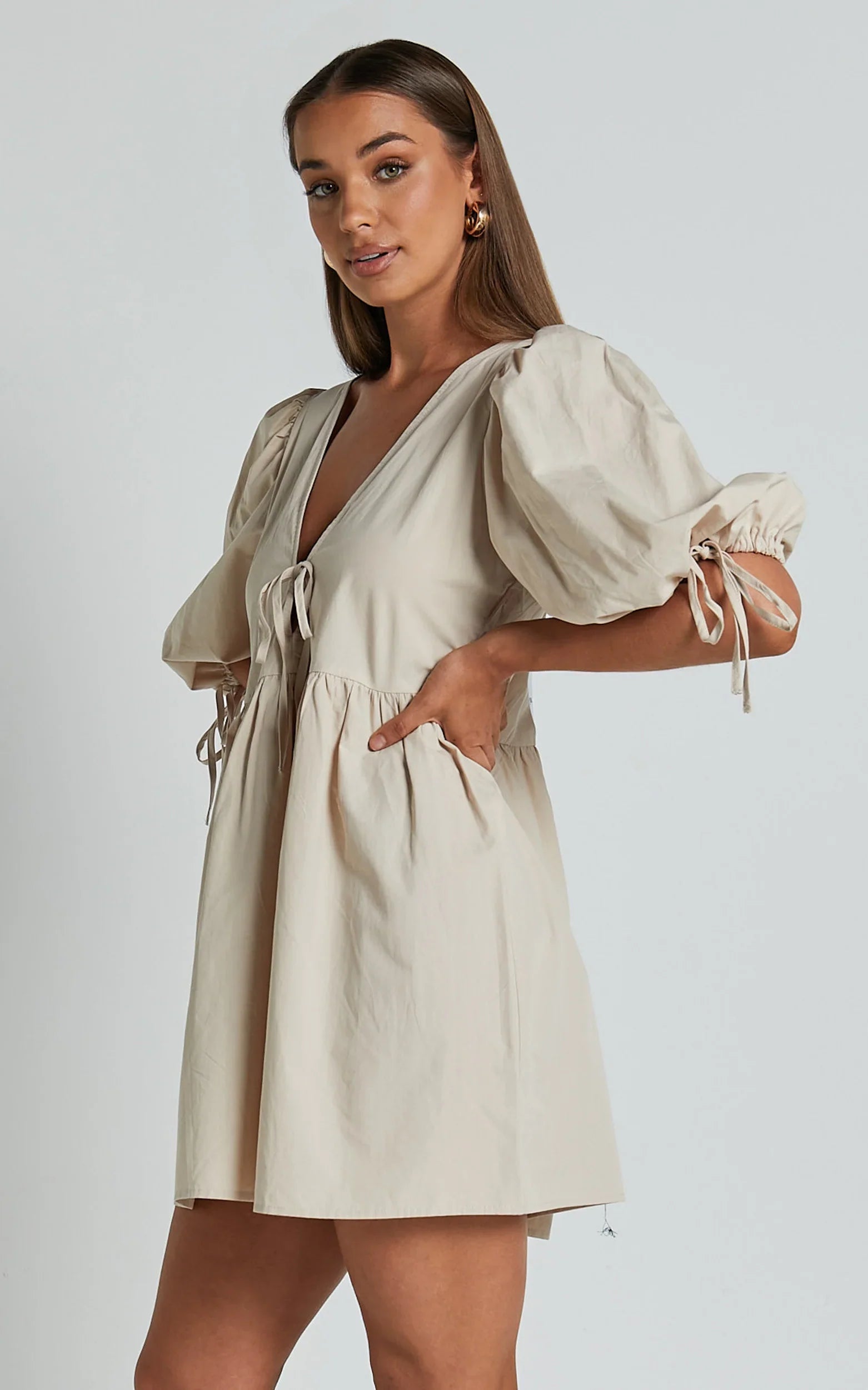 Rosita Mini Dress - Tie Front Puff Sleeve Dress in Stone