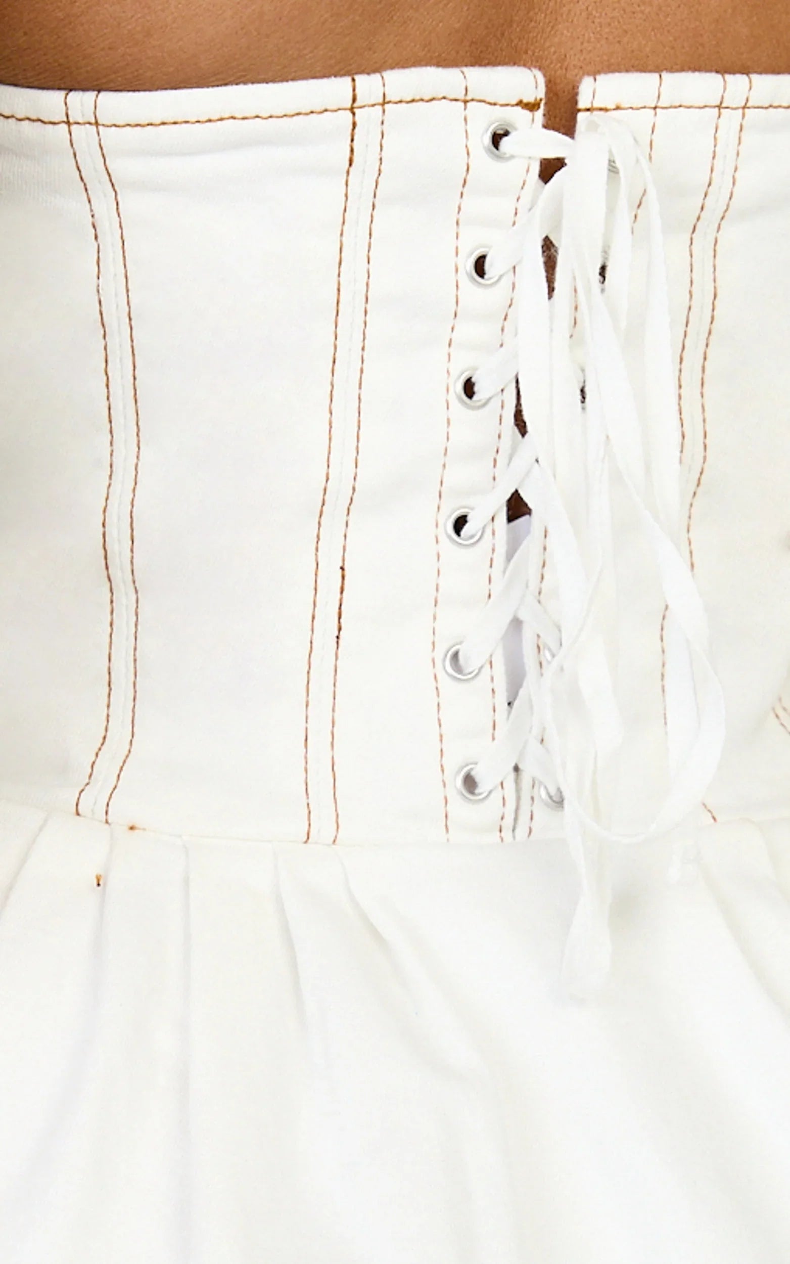 Hayes Mini Dress - Halter Neck Corset Bodice Dress in Cream Contrast Stitch