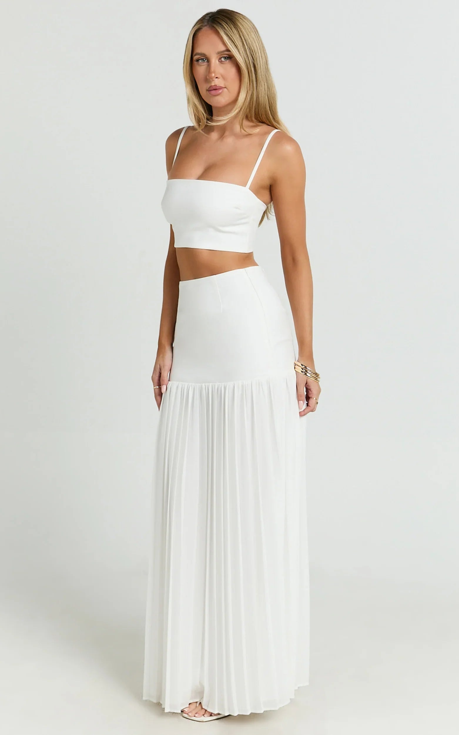 Rowan Two Piece Top and Skirt Set - Square Neck Crop Top and High Waist Pleated Maxi Skirt Set in Ivory