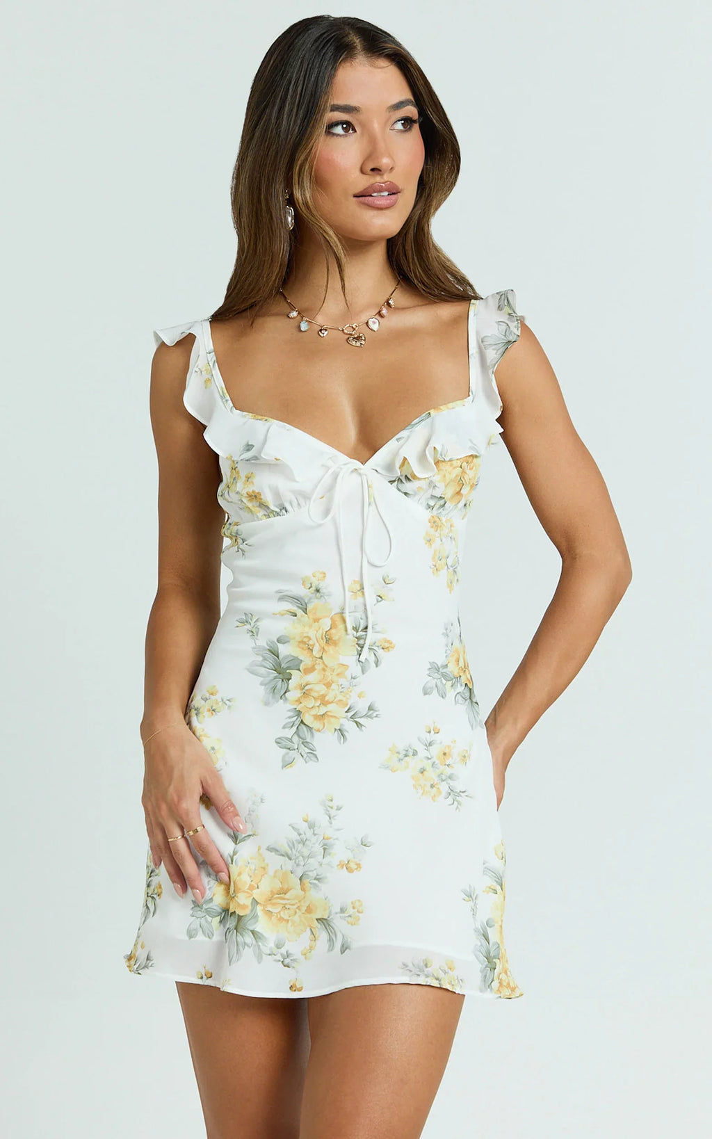 Azra Mini Dress - Georgette Frill Shoulder Sweetheart A Line Dress in Antique Florals