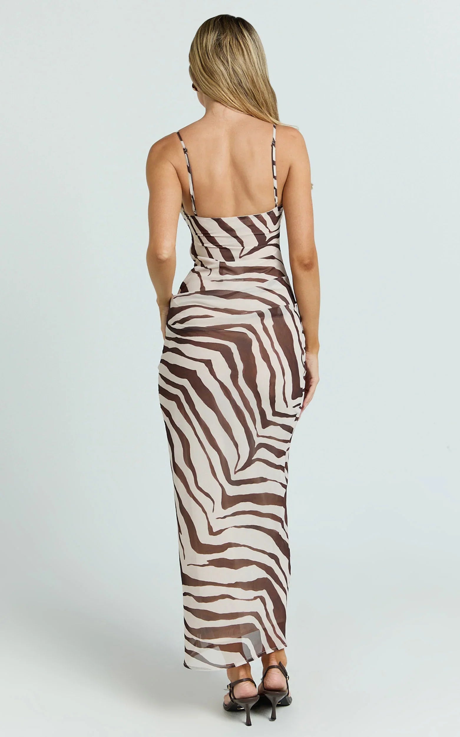 Gwendolyn Maxi Dress - Zebra Bias Spaghetti Strap Dress in Choc Zebra