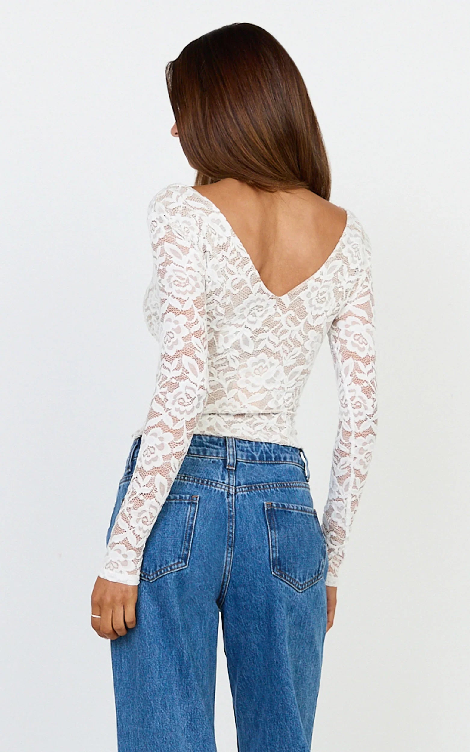 Marlowe Top - V neck Long Sleeve Lace Top in White