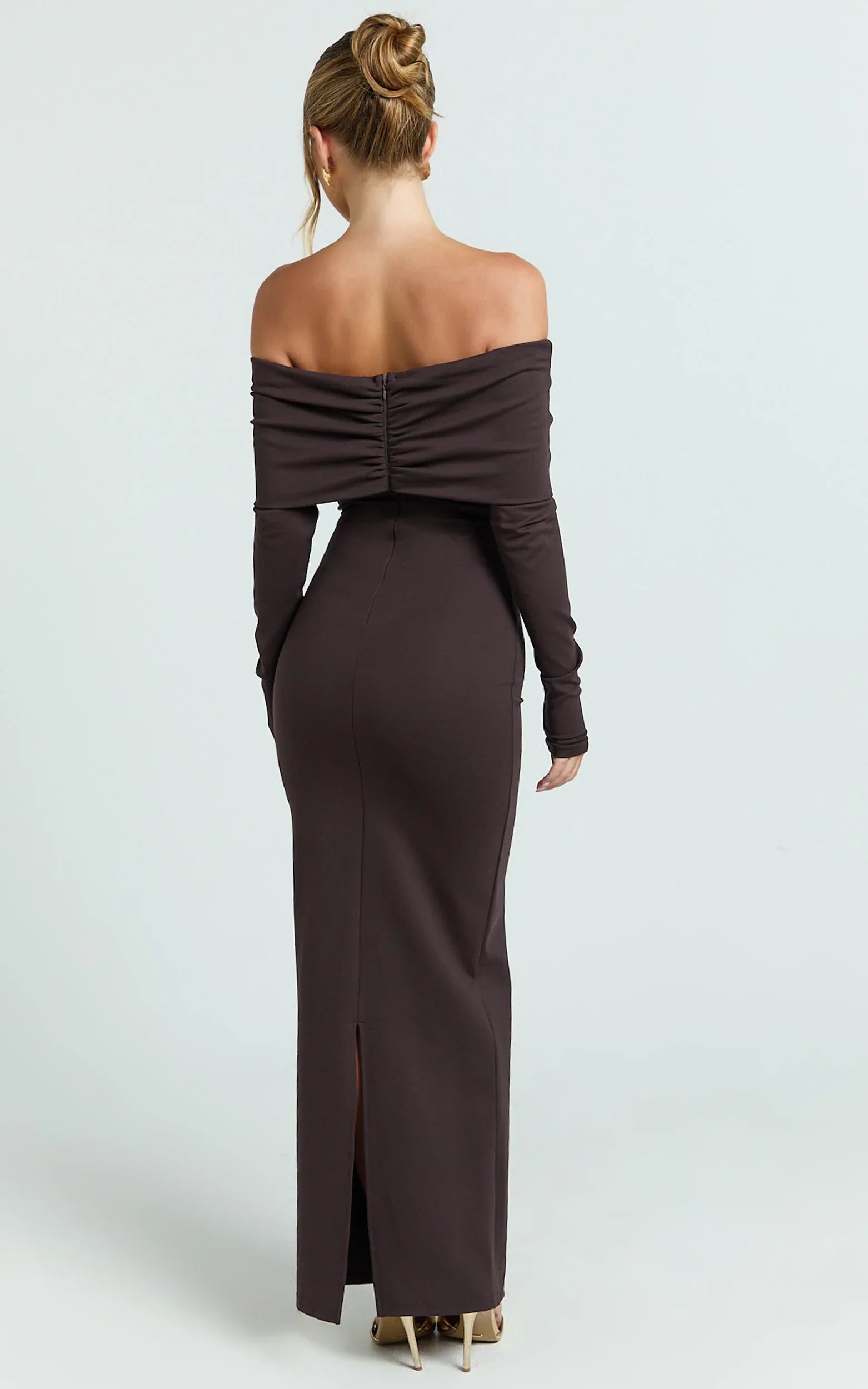 Rani Maxi Dress - Off Shoulder Long Sleeve Bodycon Dress in Chocolate