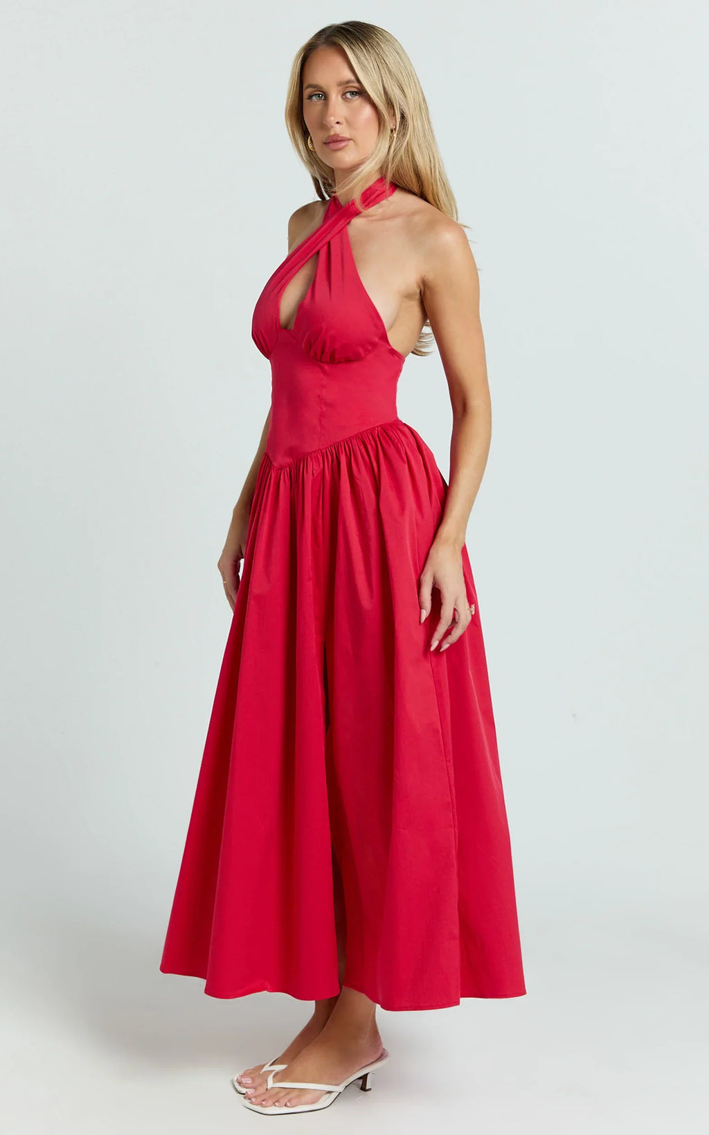 Belle Midi Dress - Keyhole Halter With V Yoke Dress in Red
