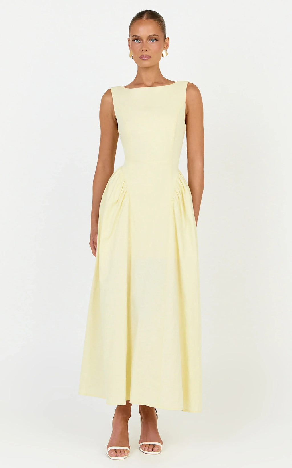 Casina Midi Dress - Boat Neck Tie Back Fit And Flare Dress in Yellow