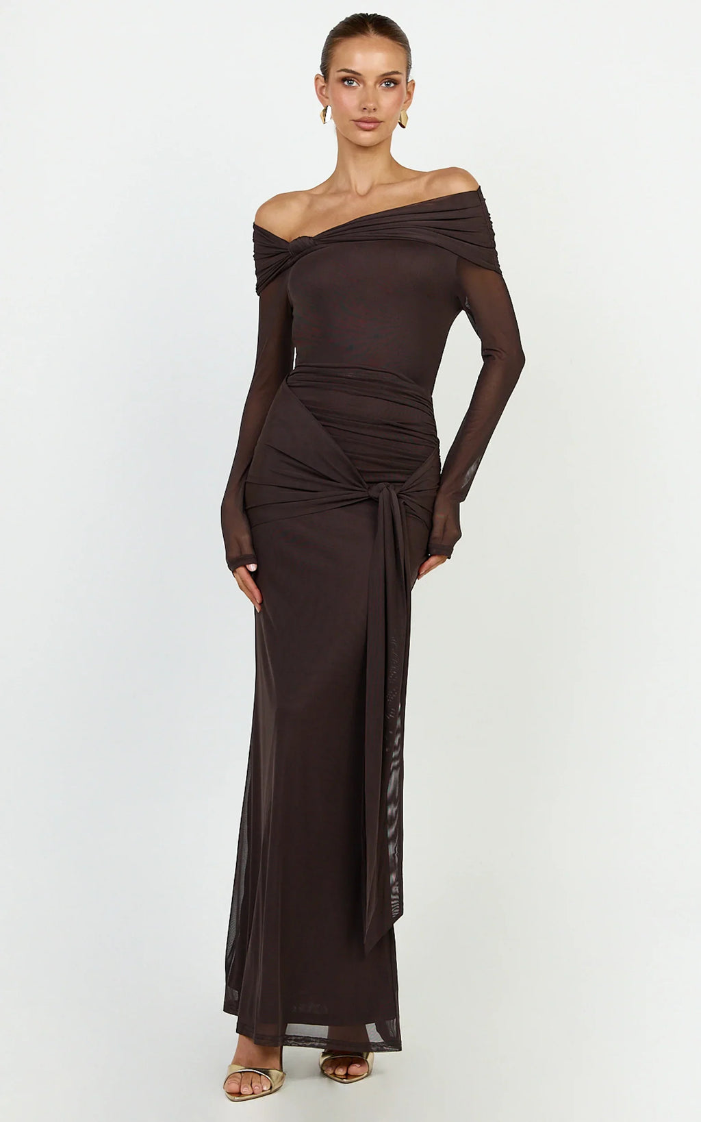 Waverly Maxi Dress - Long Sleeve Off Shoulder Dress in Chocolate