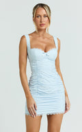 Becker Mini Dress - Strappy Bustier Ruched Bodycon Dress in Blue