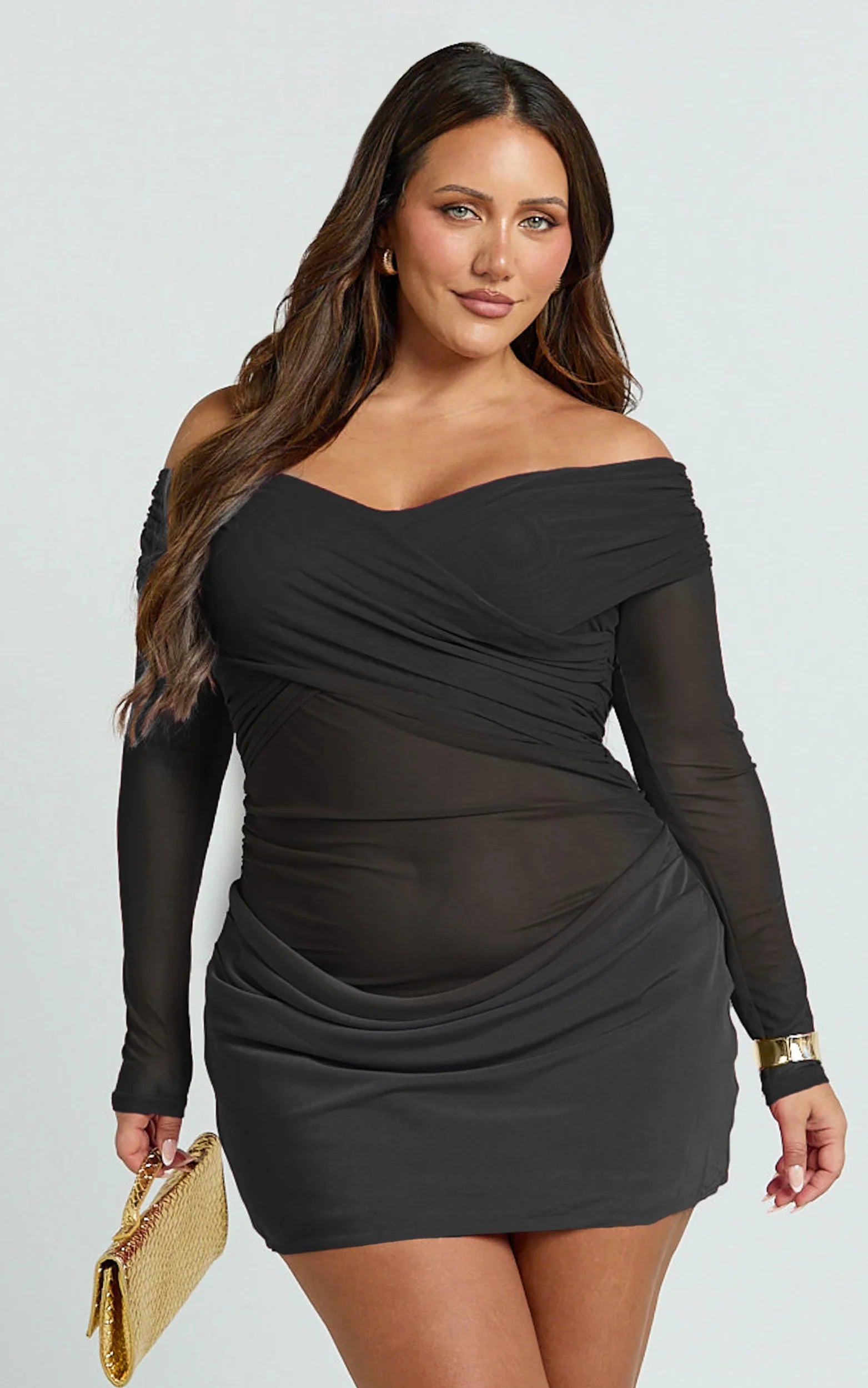 Jade Mini Dress - Long Sleeve Off Shoulder Draped Bias Cut Dress in Black