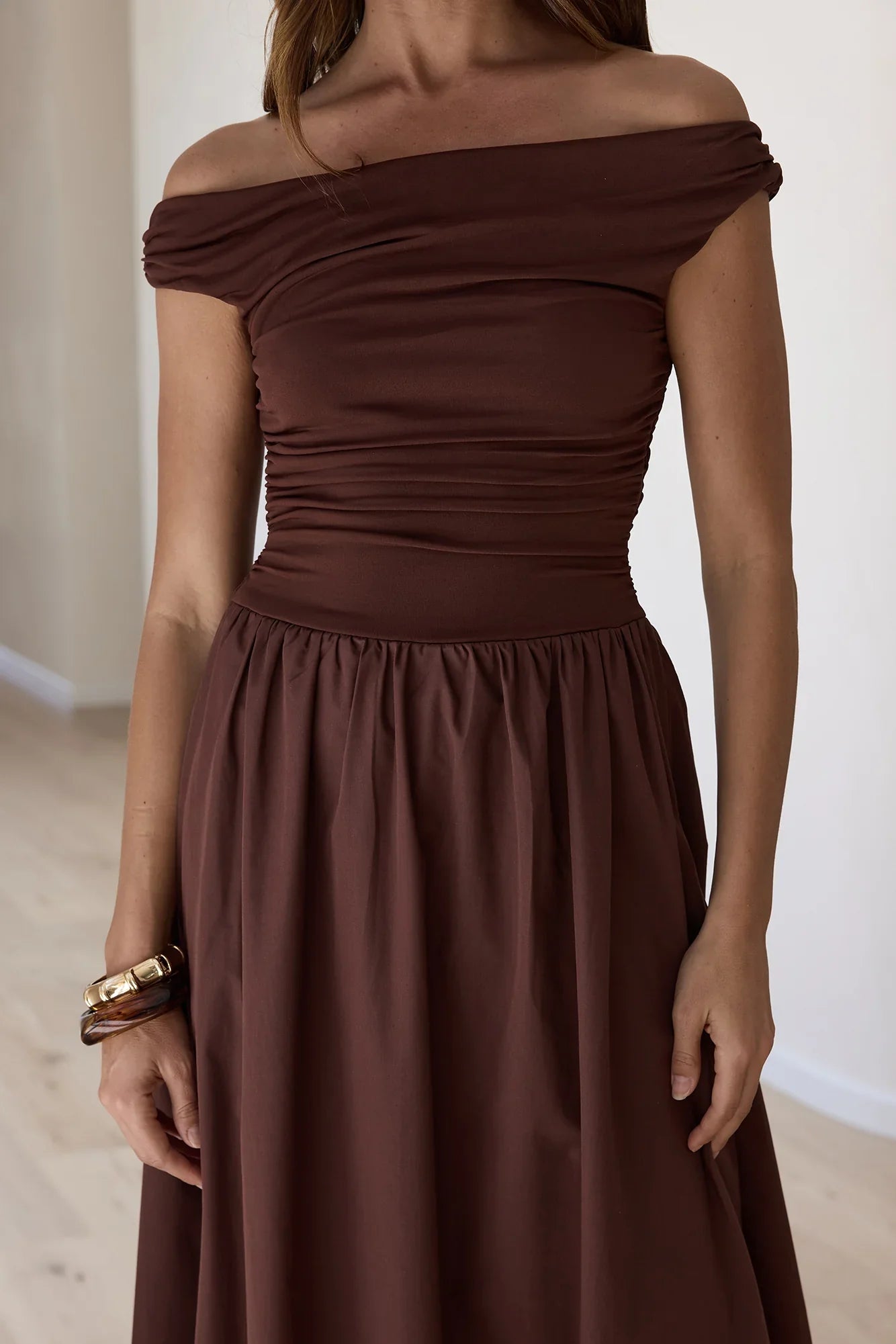 Days Of The Sun Off Shoulder Maxi Dress Chocolate