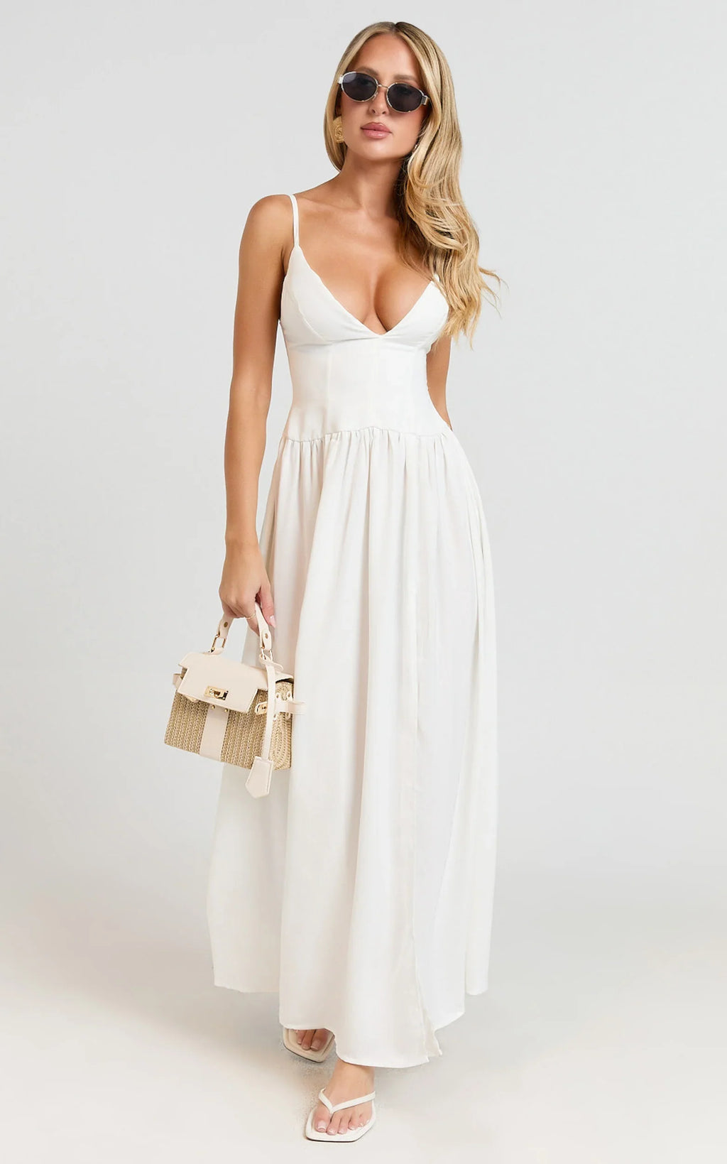 Jamilla Midi Dress - Plunge Drop Waist High Leg Split Dress in Off White