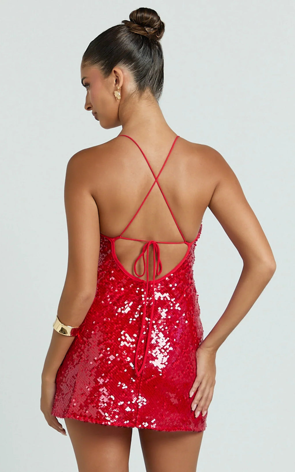 Finn Mini Dress - Plunge Neck Sheer Sequin Dress in Red