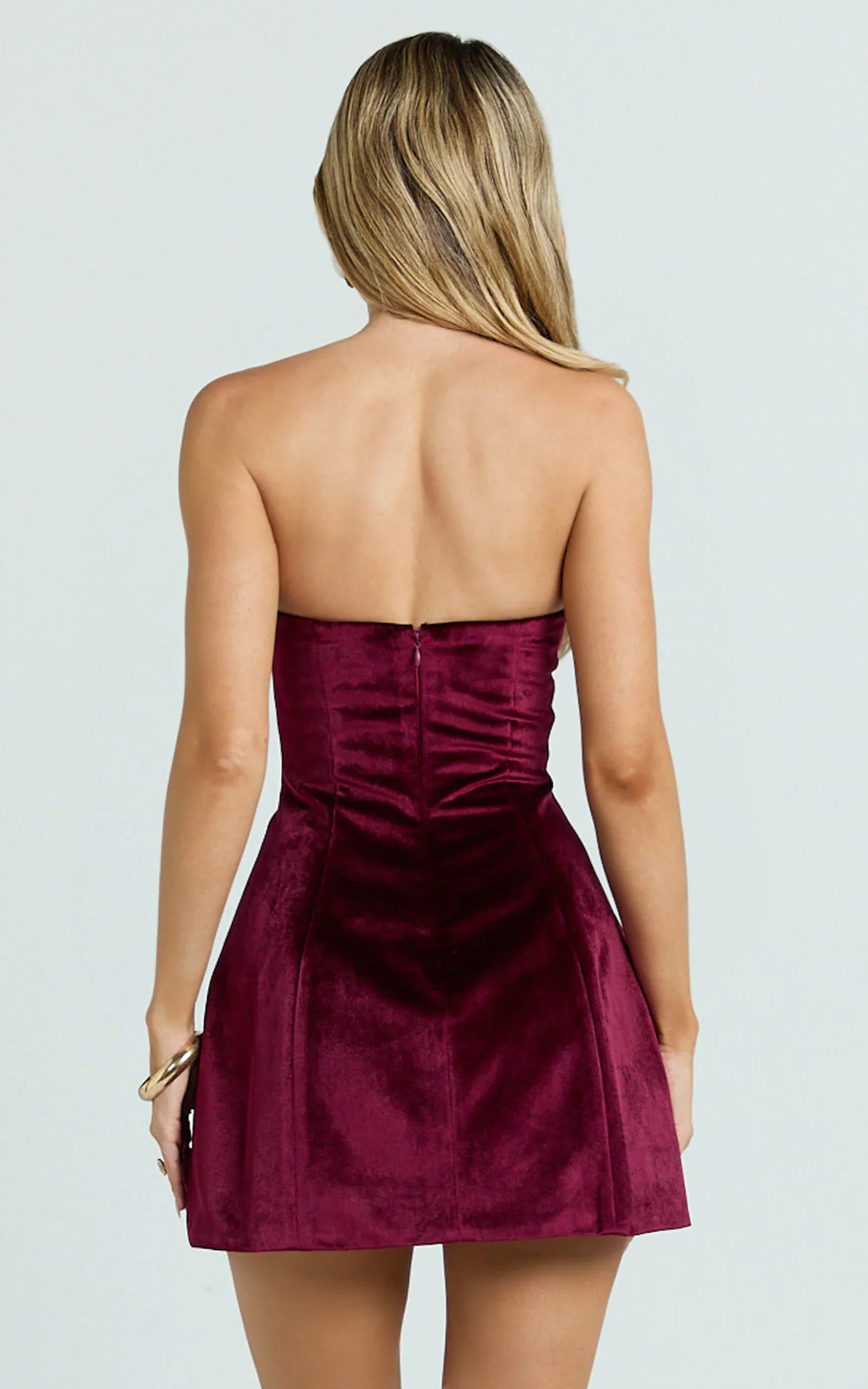 Cartia Mini Dress - Velvet Strapless Fit And Flare Dress in Wine
