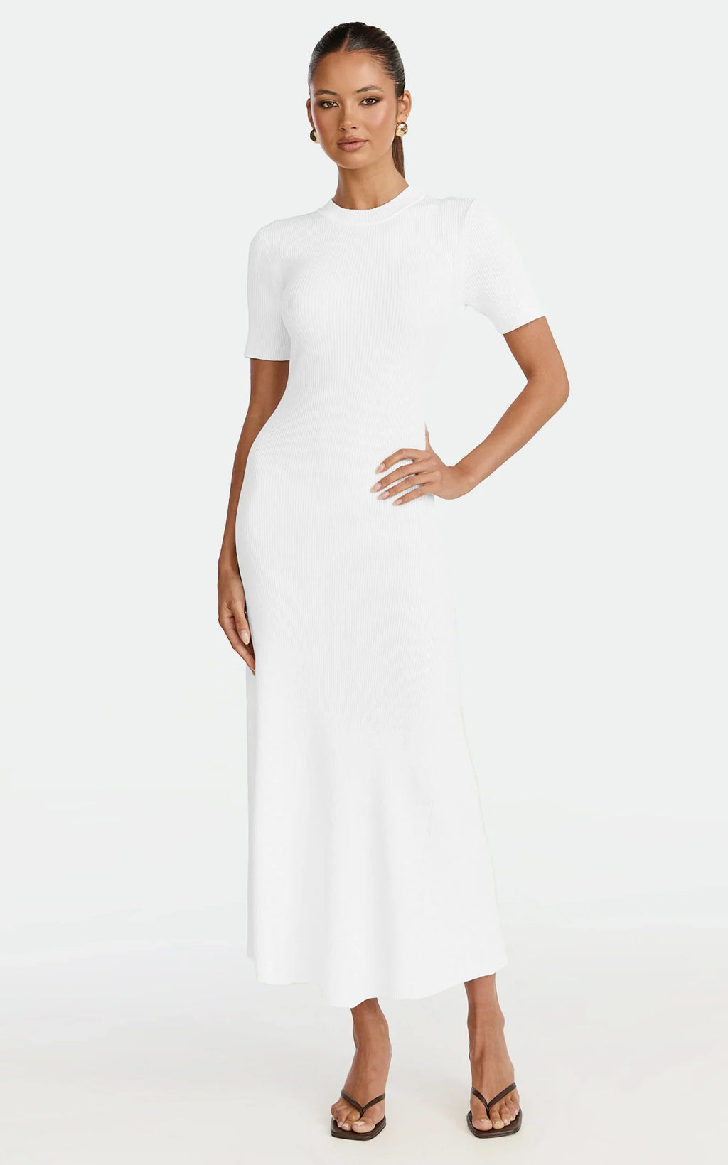 Lanie Midi Dress - Knitted Crew Neck Short Sleeve Dress in Cream