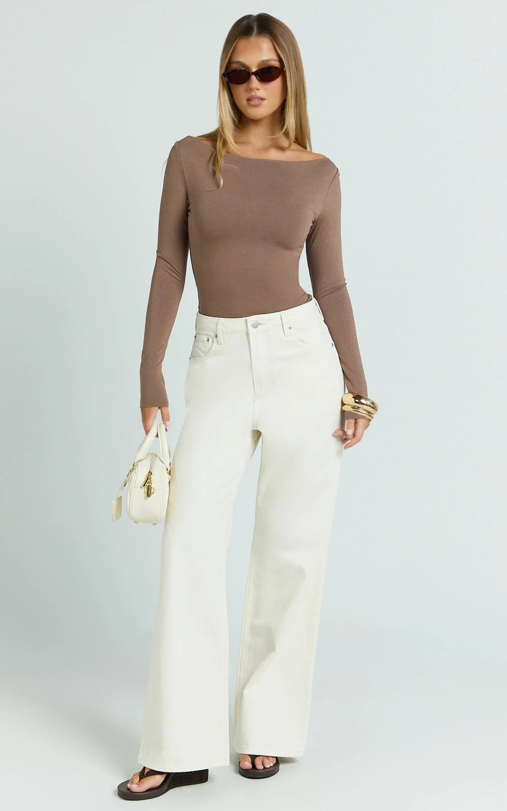 Tisdale Top - Boat Neck Long Sleeve Top in Mushroom