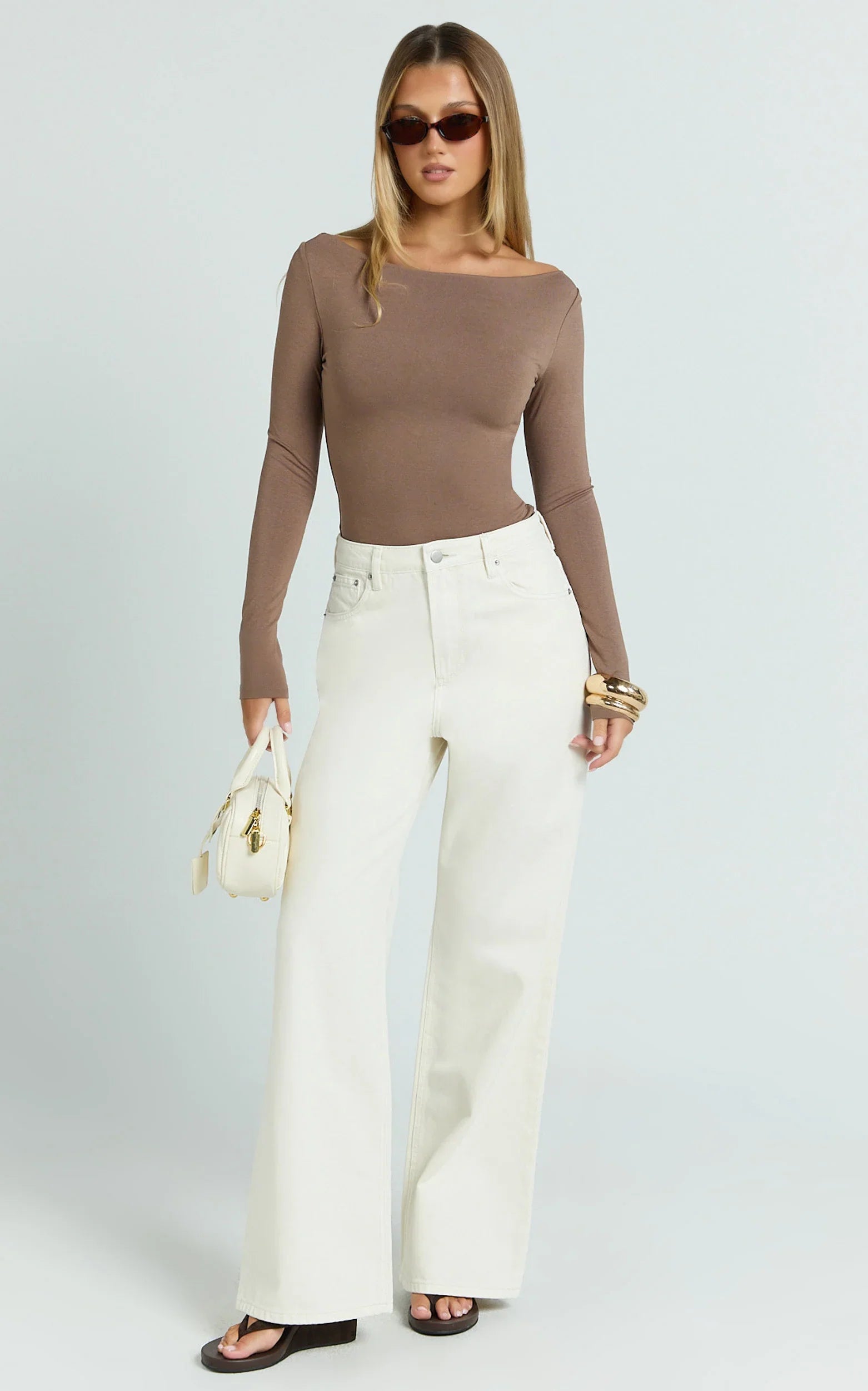Tisdale Top - Boat Neck Long Sleeve Top in Mushroom