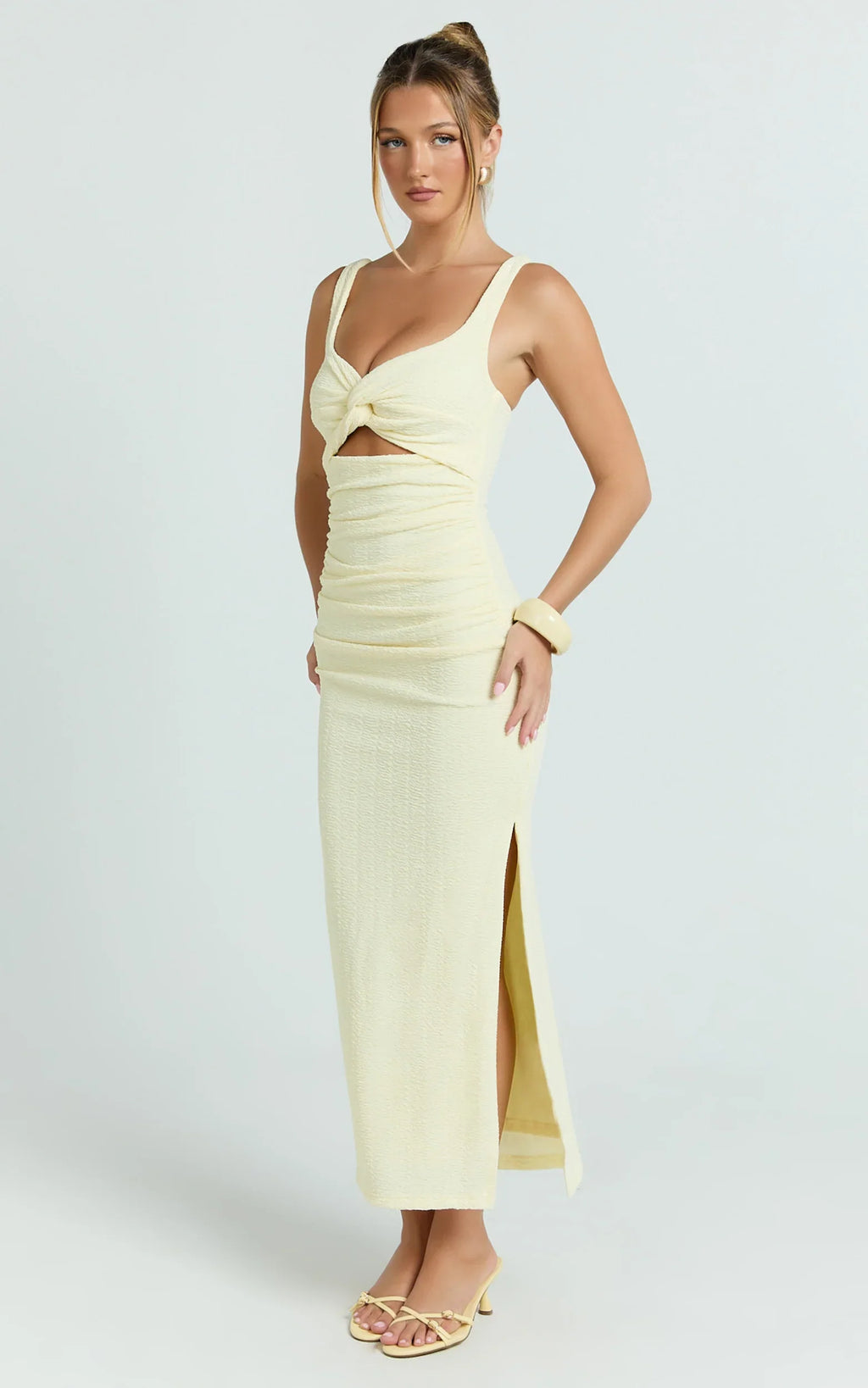 Bianca Midi Dress - Twist Front Cut Out Ruched Dress in Lemon