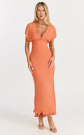 Desiree Midi Dress - V Neck Flutter Short Sleeve Slip Dress in Orange