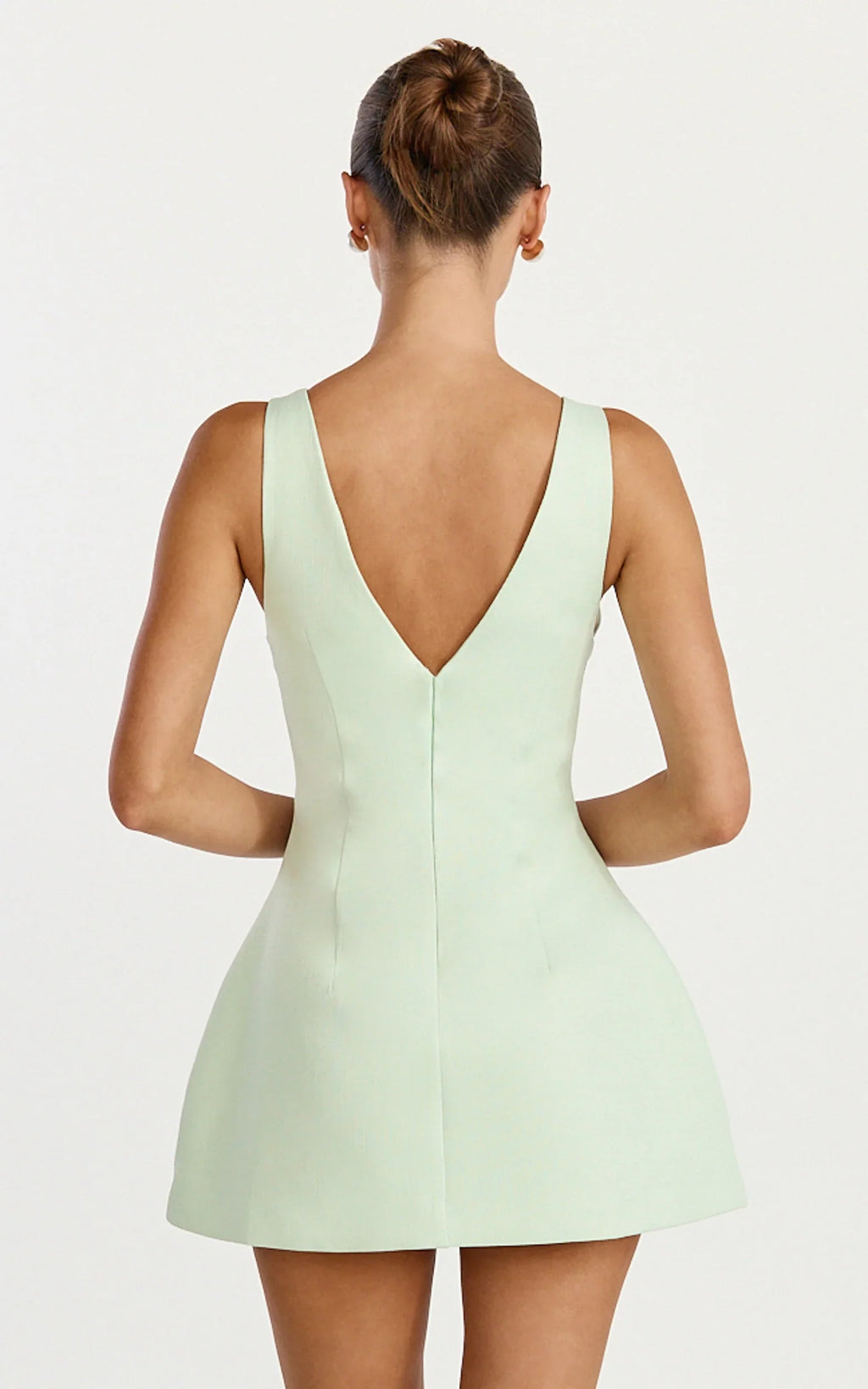 Raquelle Mini Dress - Boucle Boat Neck V Back Fit and Flare Dress in Pistachio