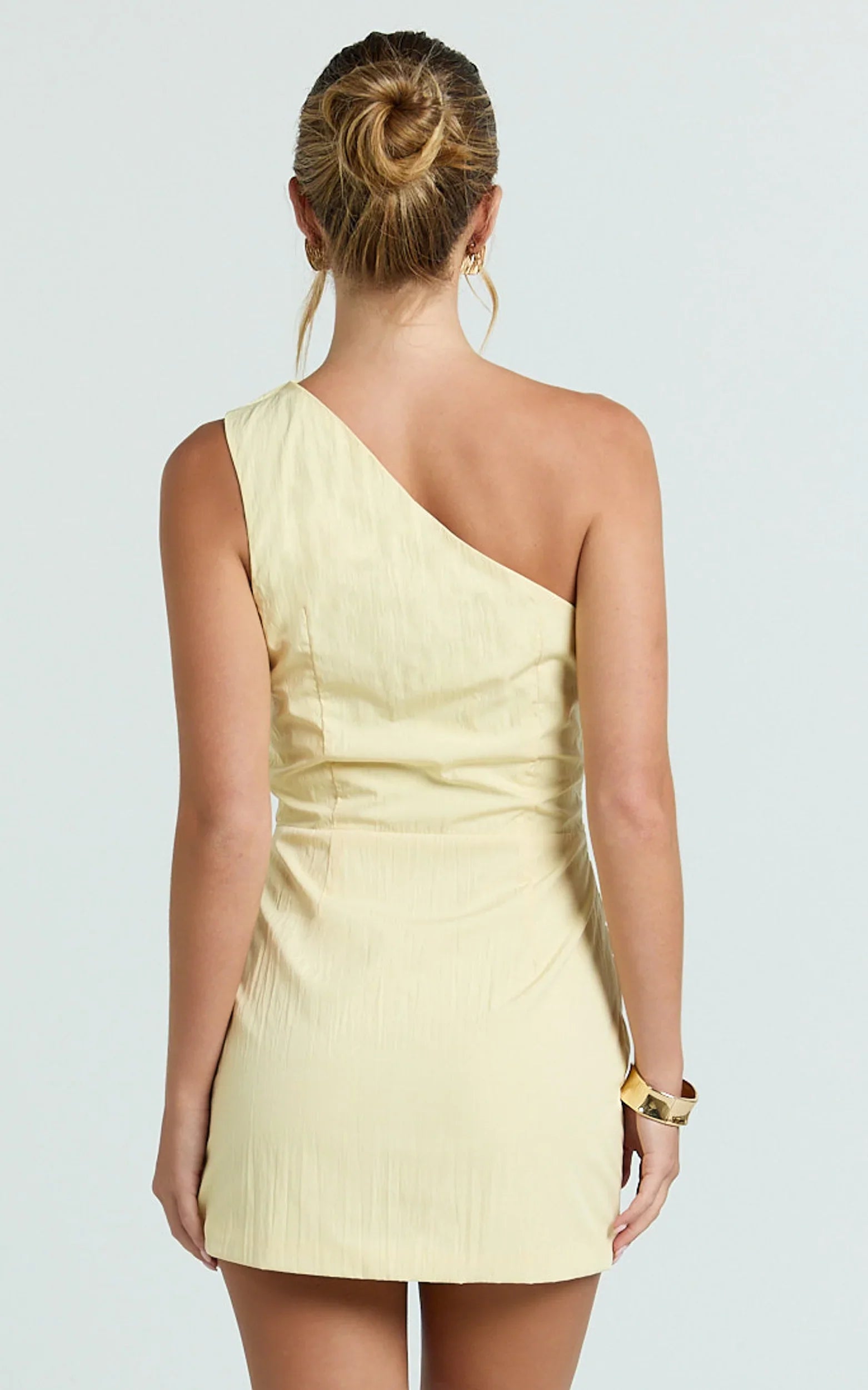 Finn Mini Dress - One Shoulder Gathered Bodice Dress in Lemon