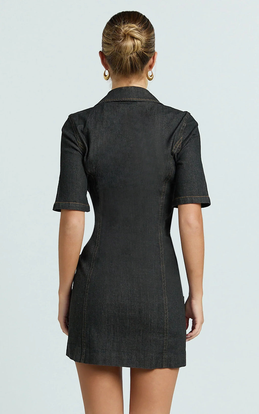 Tessie Mini Dress - Zip Front Collared Denim Mini Dress in Black