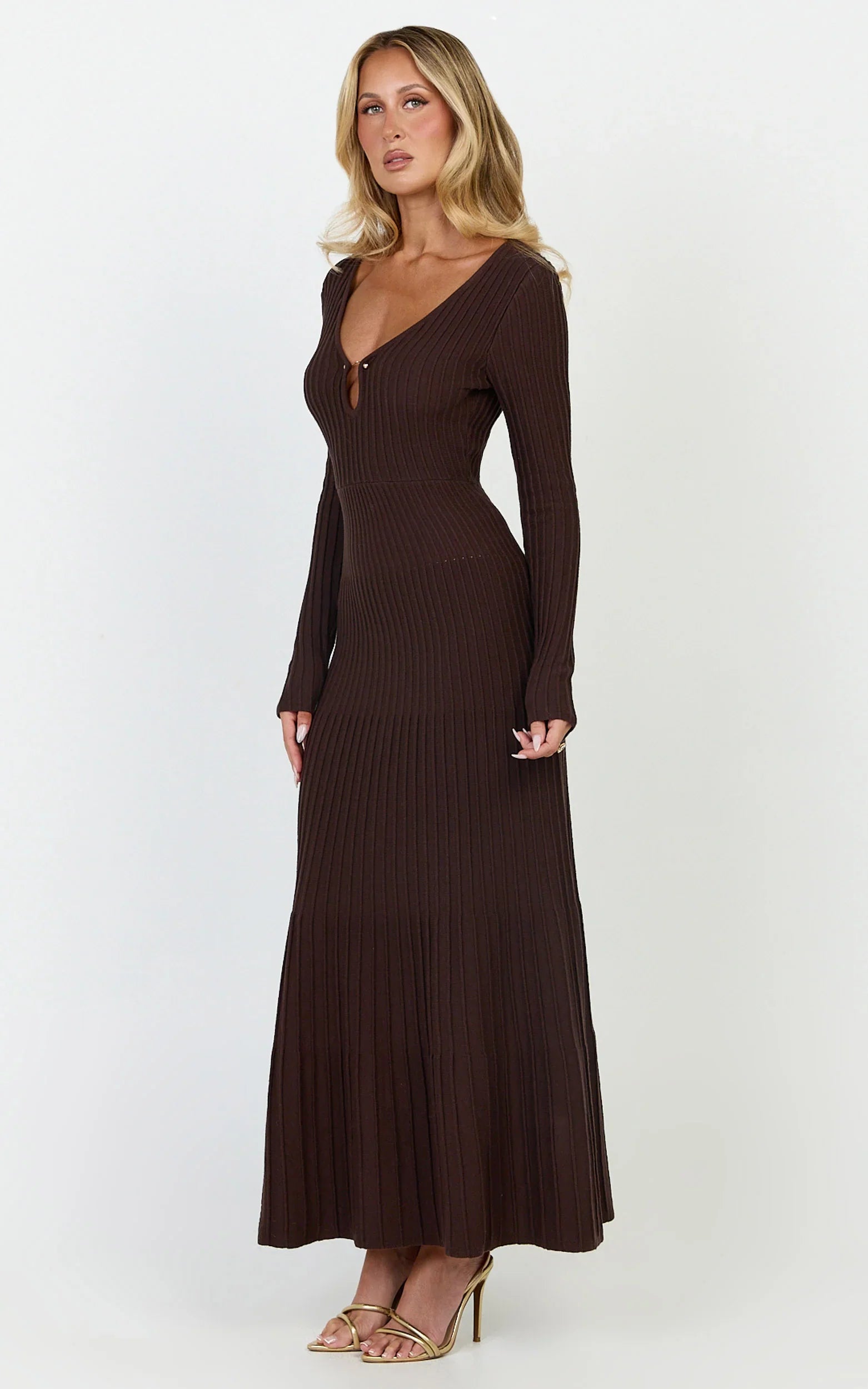 Maris Midi Dress - Keyhole and Hardware Neckline Long Sleeve Flared Dress in Choc