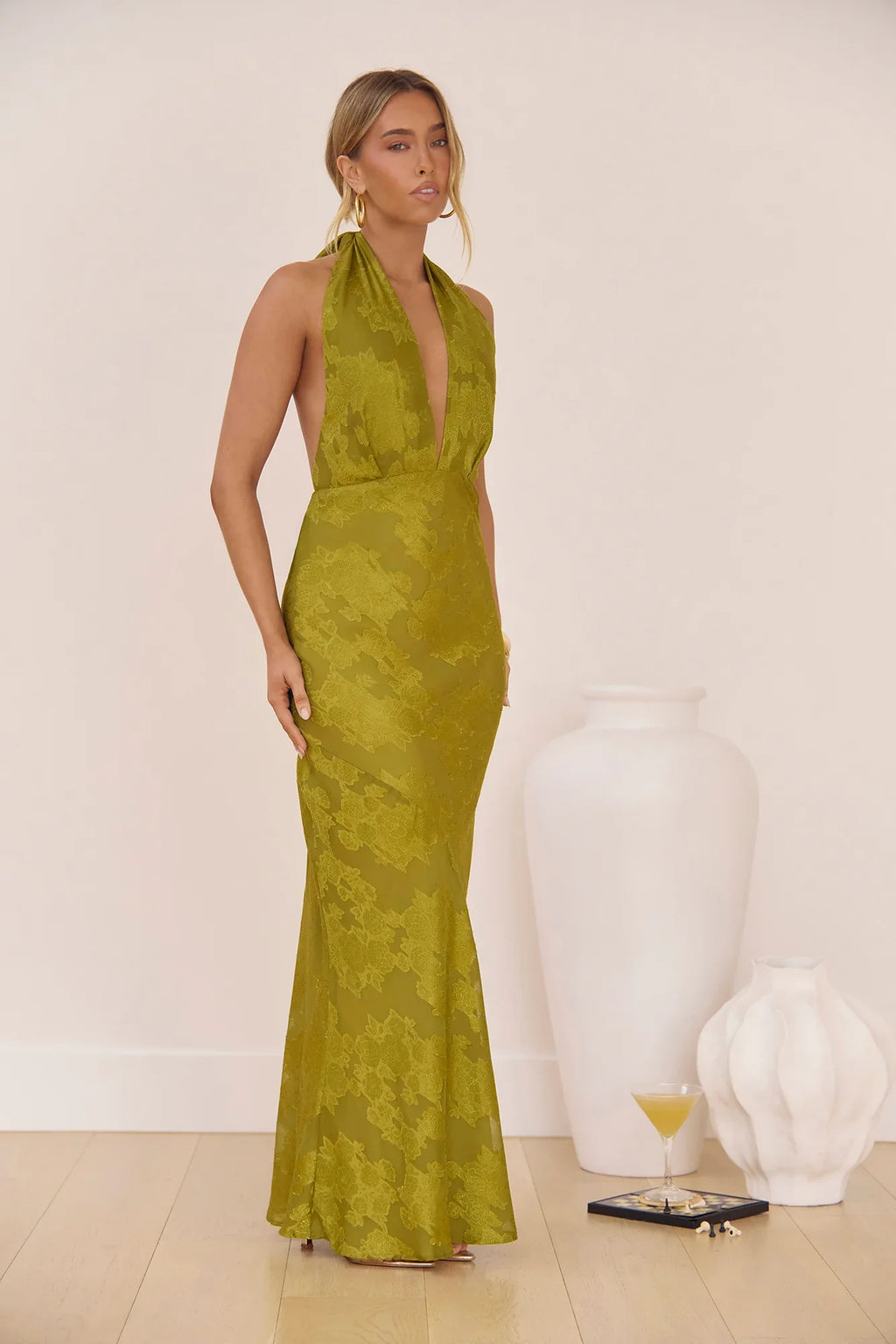 Soft Serenade Halter Maxi Dress Olive