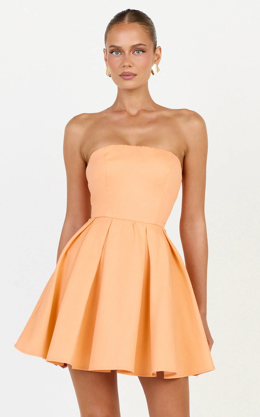 Avery Mini Dress - Strapless Fitted Bodice Full Pleated Skirt Dress in Orange
