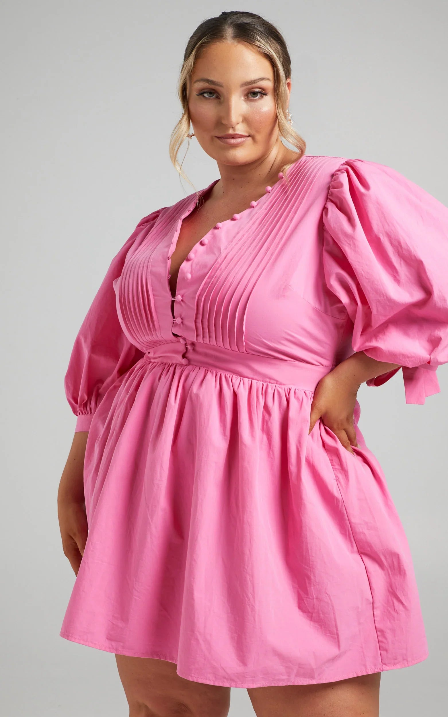 Zandra Mini Dress - Puff Sleeve Poplin Dress in ICE PINK