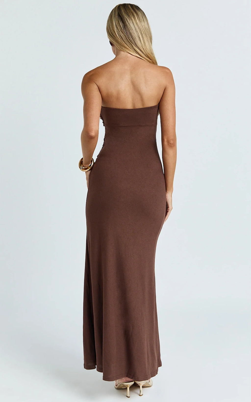 Aria Midi Dress - Strapless Tie Waist Dress in Chocolate