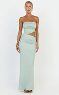 Fergie Maxi Dress - Strapless Side Ruched Cut Out Fitted Dress in Sage